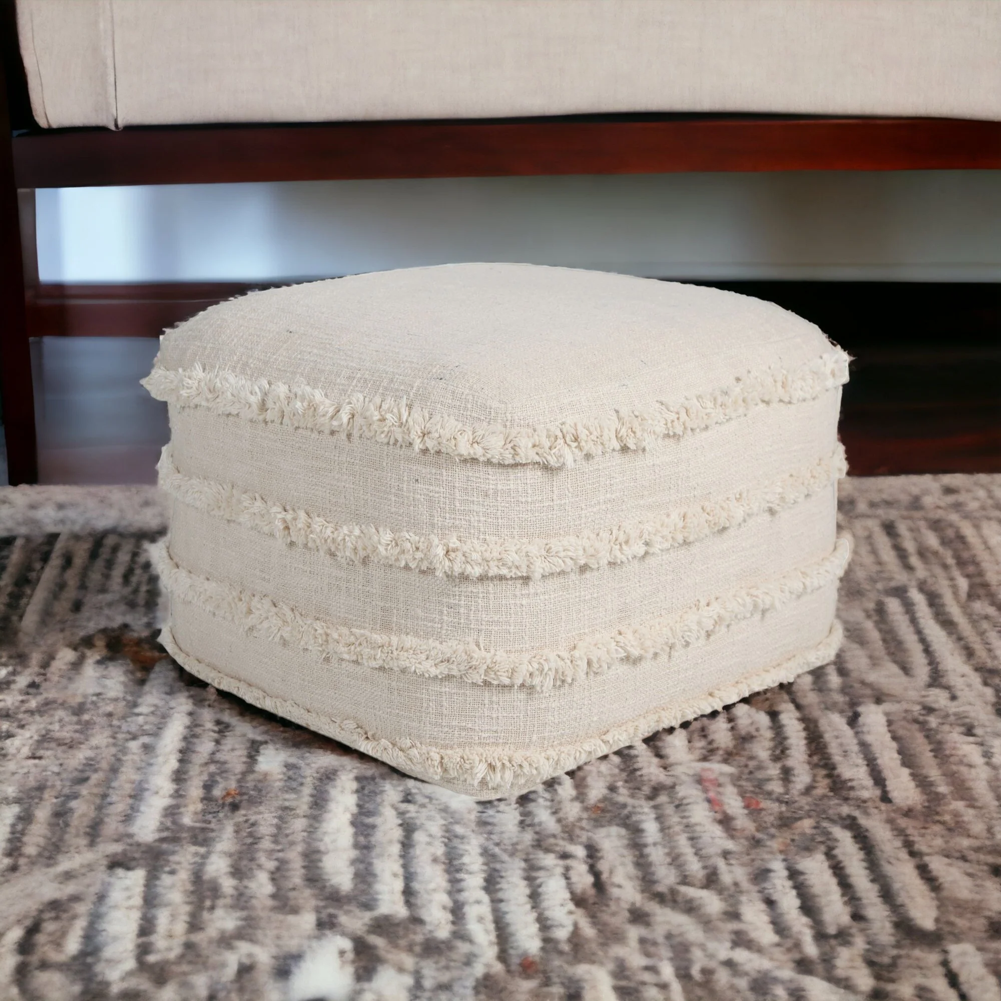 Cream Cotton Tufted Stripe Cube Pouf Ottoman By Homeroots - Image 3