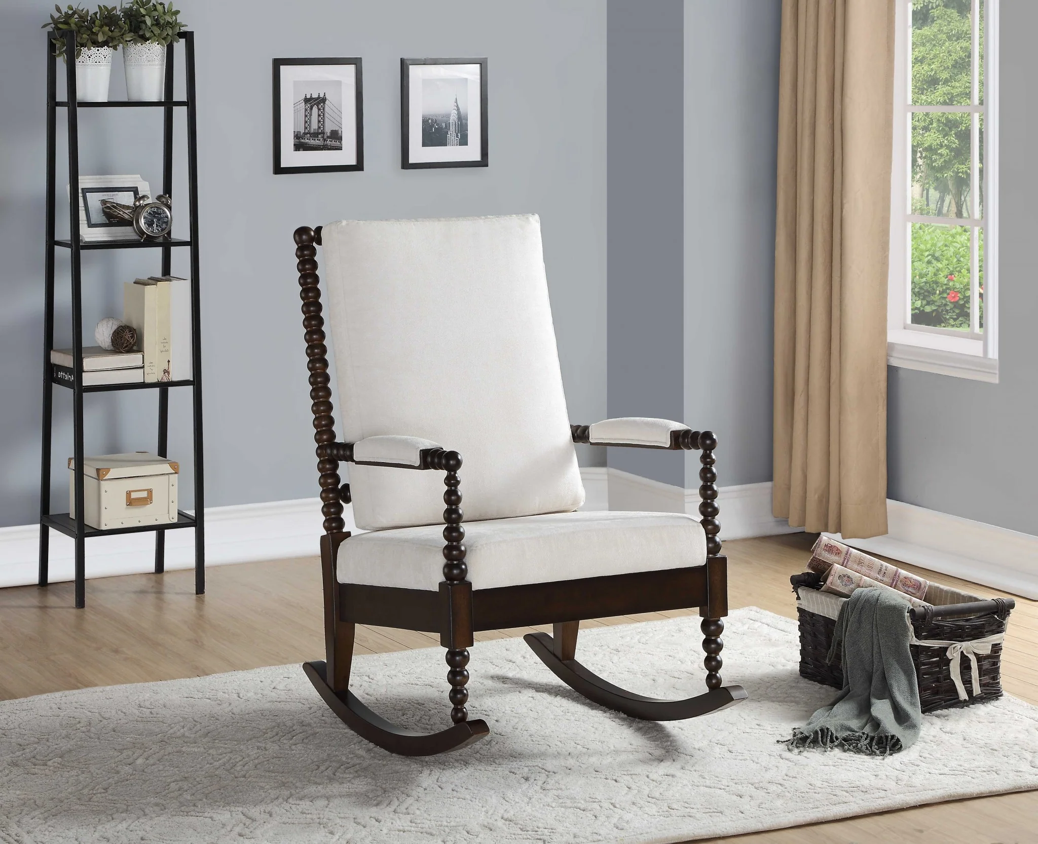 Cream Fabric Walnut Wood Upholstered (Seat) Rocking Chair By Homeroots - Image 2