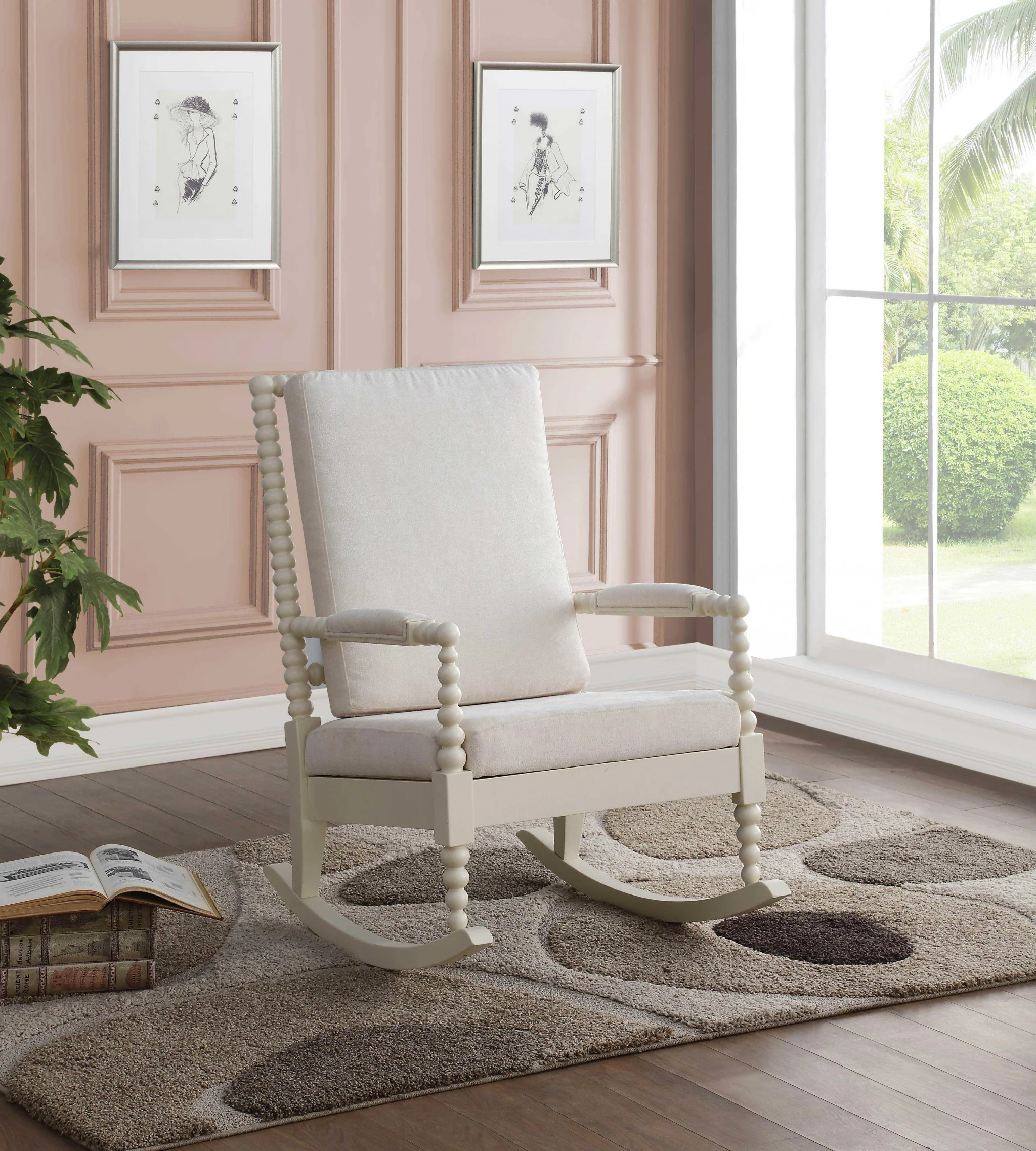 Cream Fabric White Wood Upholstered (Seat) Rocking Chair By Homeroots - Image 2