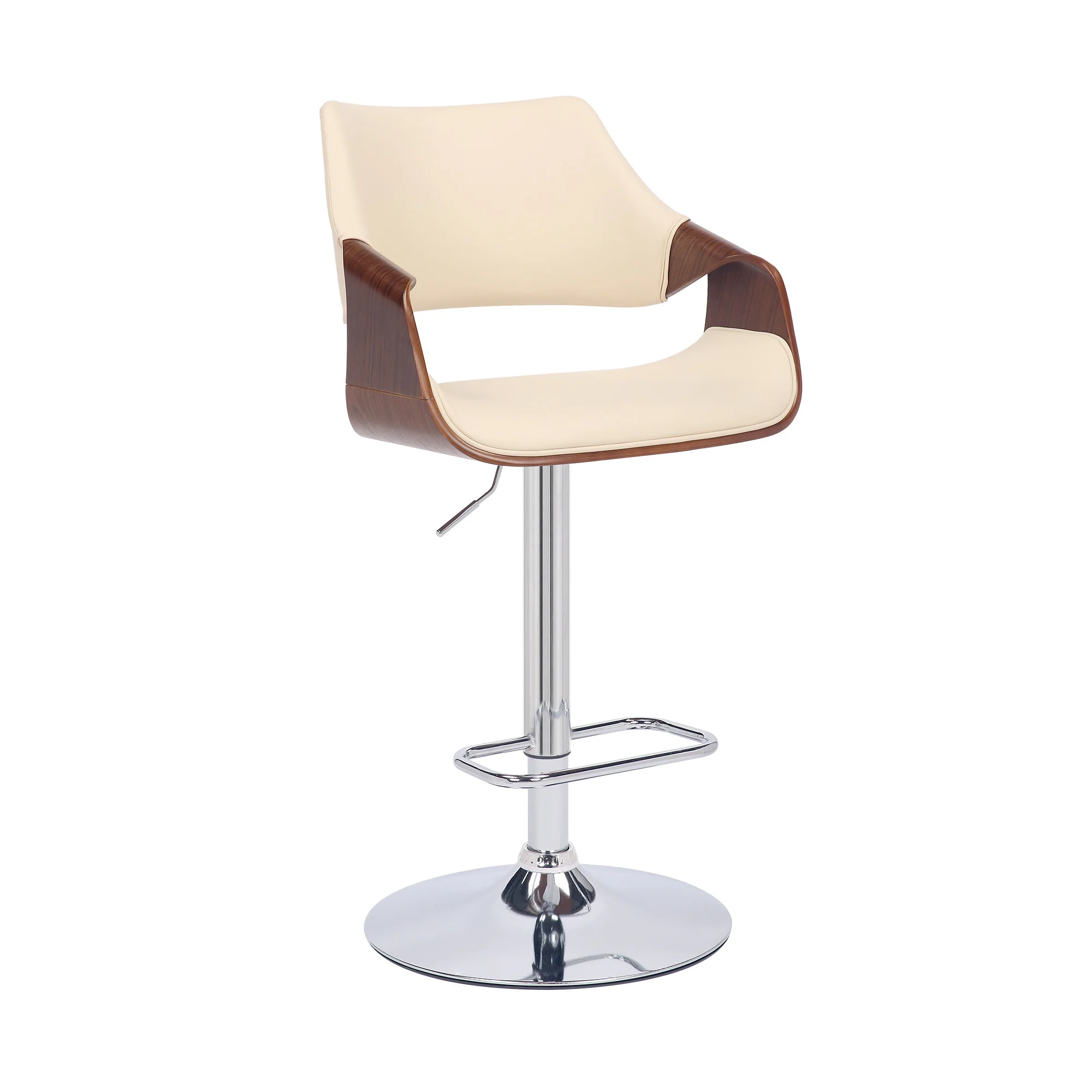 Cream Faux Leather and Walnut Wood and Chrome Swivel Adjustable Bar Stool By Homeroots - Image 2
