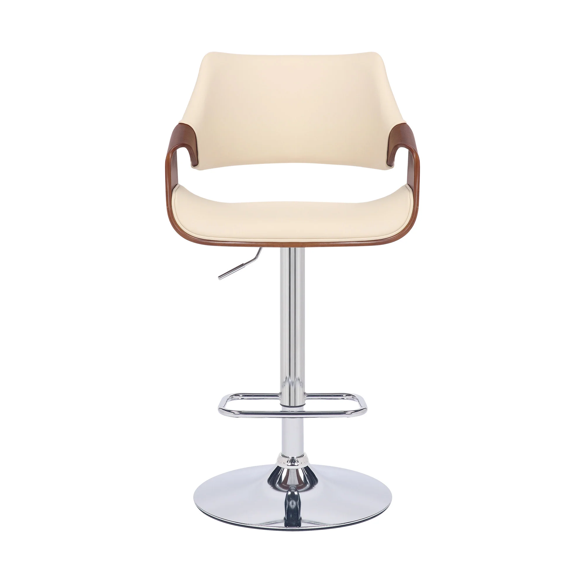 Cream Faux Leather and Walnut Wood and Chrome Swivel Adjustable Bar Stool By Homeroots - Image 3