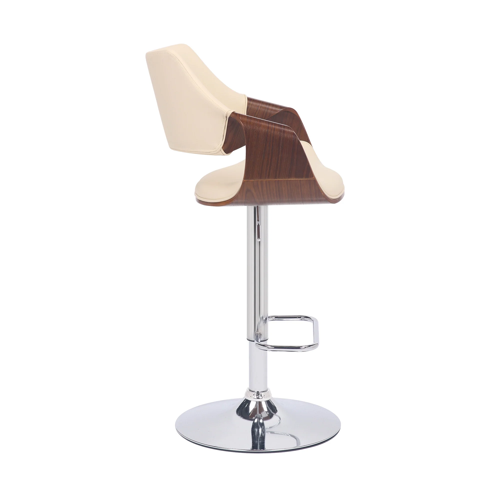 Cream Faux Leather and Walnut Wood and Chrome Swivel Adjustable Bar Stool By Homeroots - Image 4