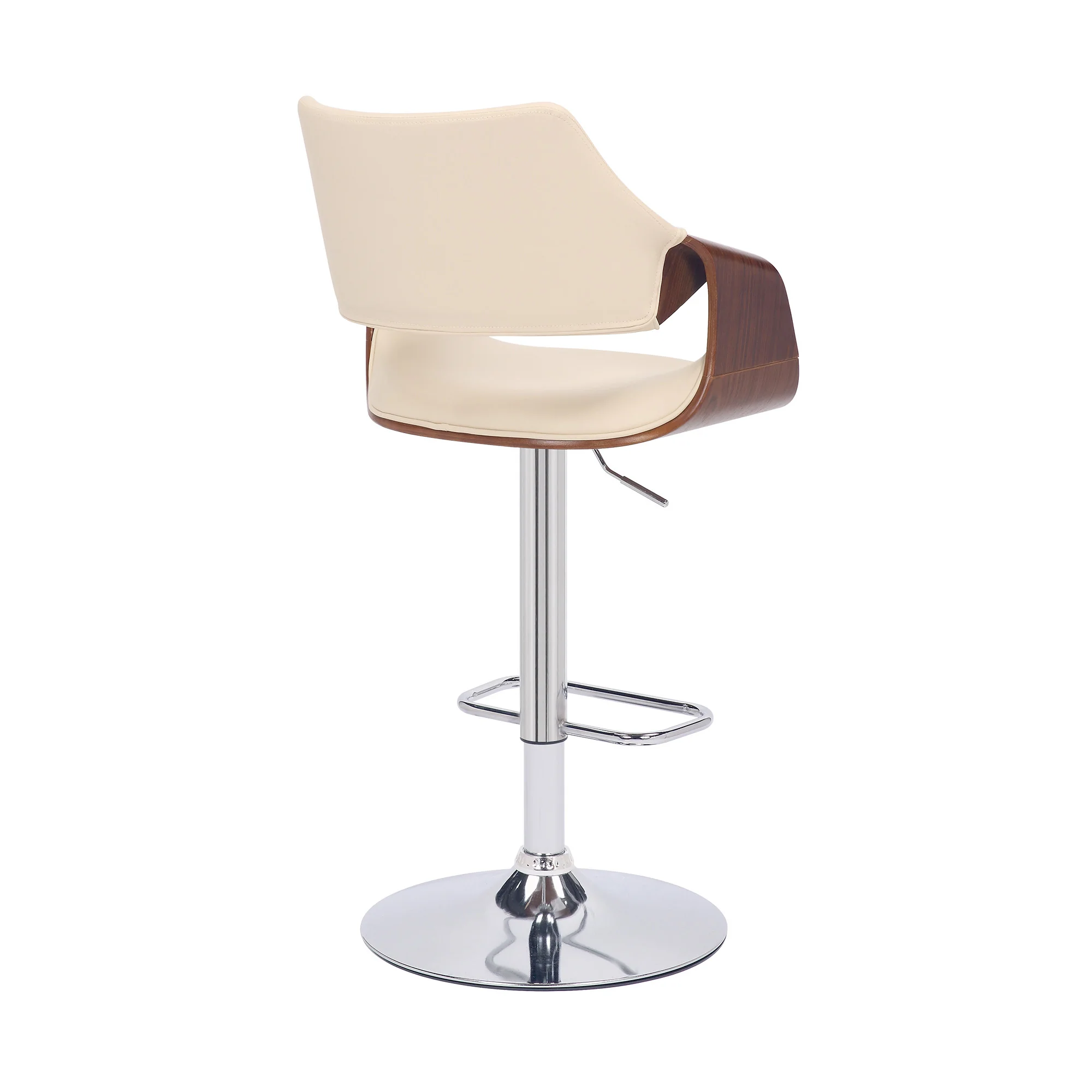 Cream Faux Leather and Walnut Wood and Chrome Swivel Adjustable Bar Stool By Homeroots - Image 5