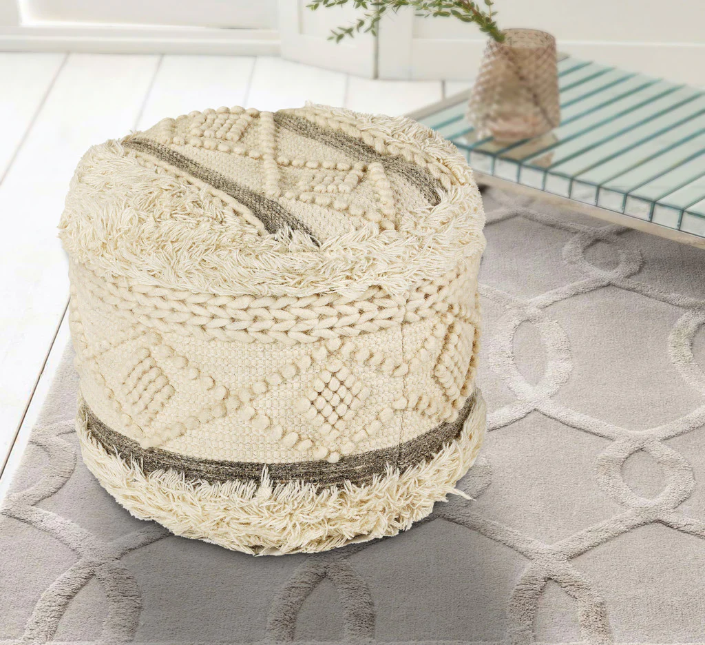 Cream Wool Ottoman By Homeroots - Image 6