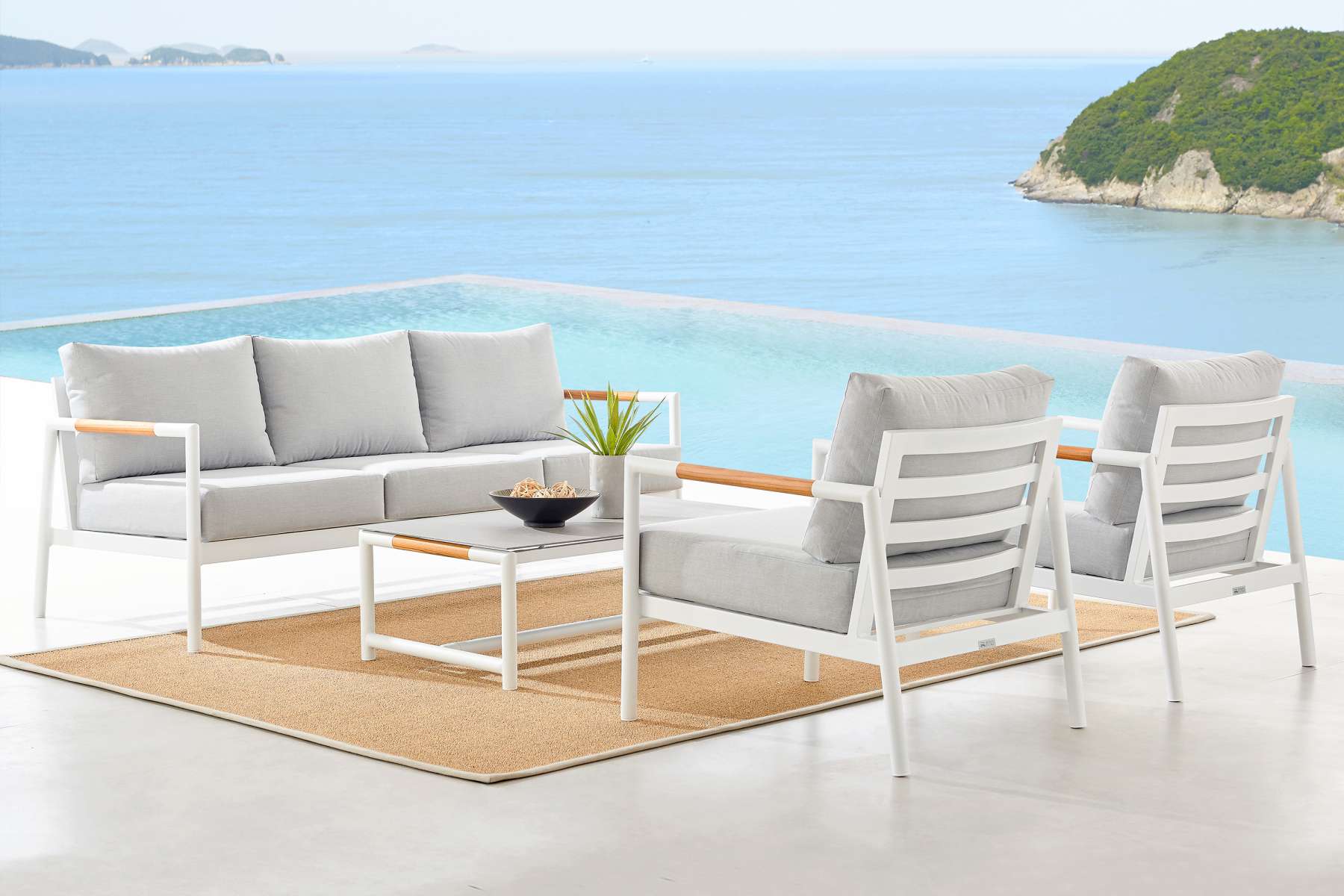 Crown 4 Piece Black Aluminum and Teak Outdoor Seating Set with Dark Gray Cushions By Armen Living - Image 10