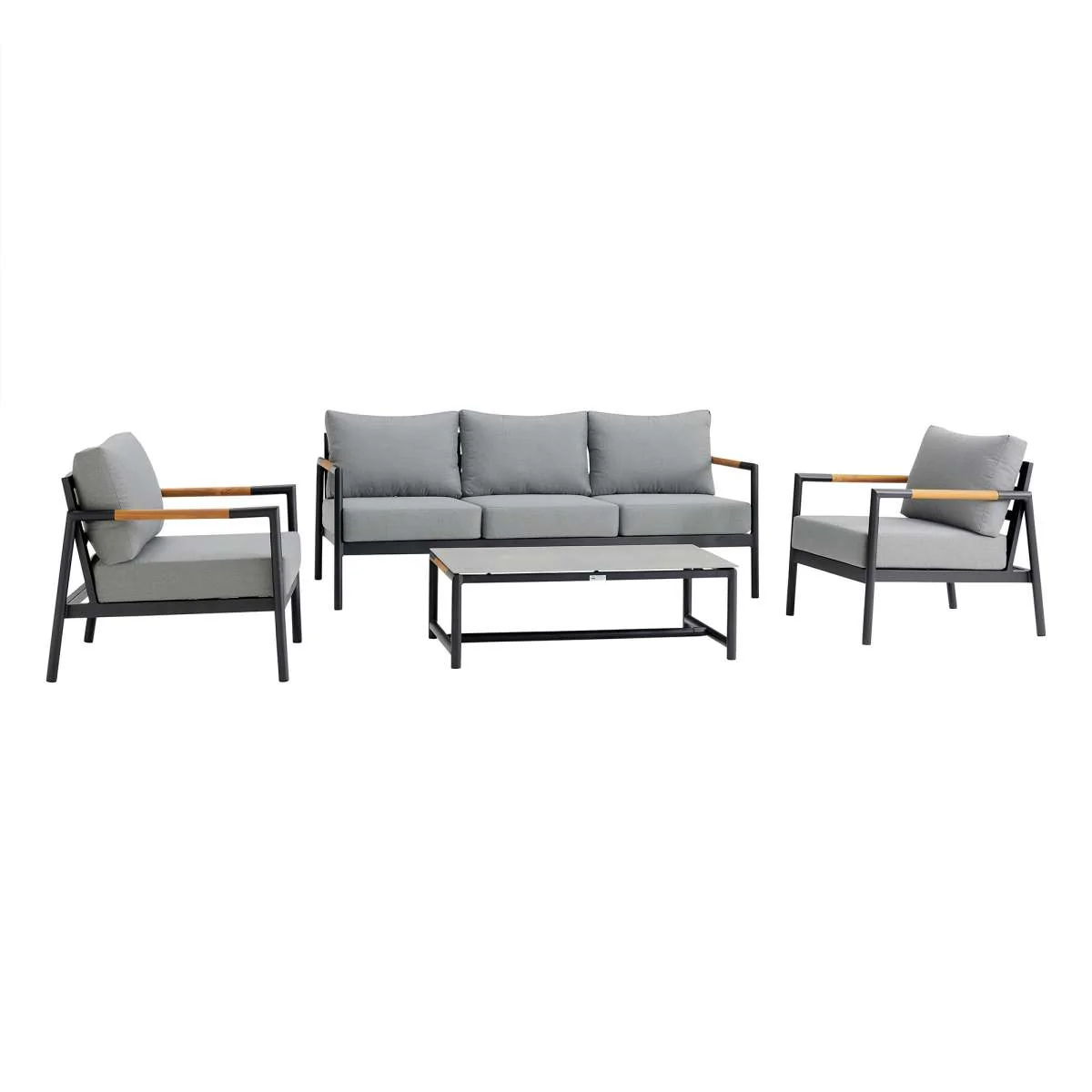 Crown 4 Piece Black Aluminum and Teak Outdoor Seating Set with Dark Gray Cushions By Armen Living - Image 2
