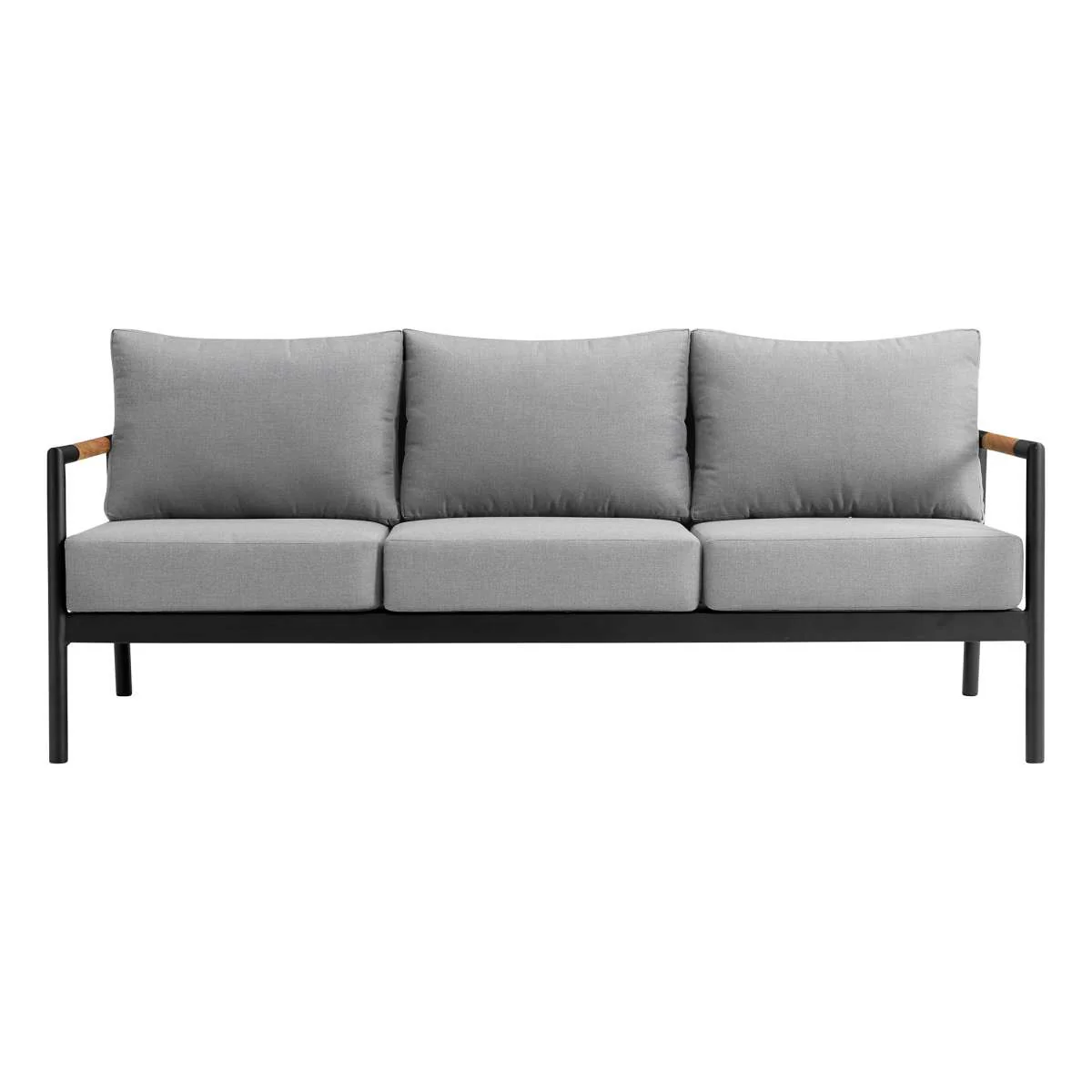 Crown 4 Piece Black Aluminum and Teak Outdoor Seating Set with Dark Gray Cushions By Armen Living - Image 3