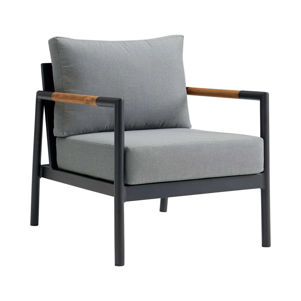 Crown 4 Piece Black Aluminum and Teak Outdoor Seating Set with Dark Gray Cushions By Armen Living - Image 5