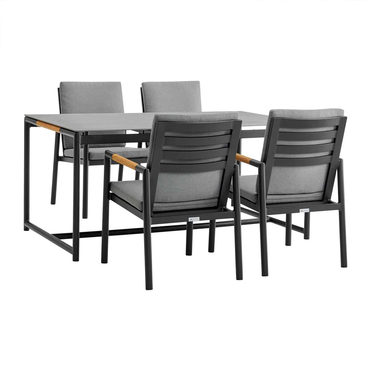 Crown 5 Piece Black Aluminum and Teak Outdoor Dining Set with Dark Gray Fabric By Armen Living - Image 2