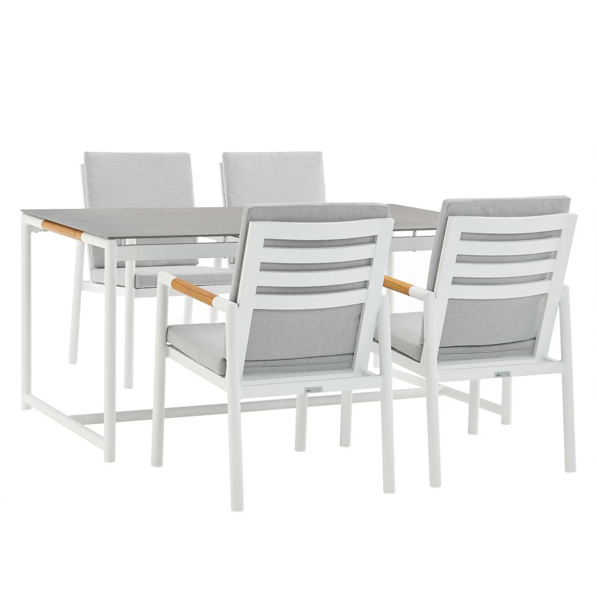 Crown 5 Piece White Aluminum and Teak Outdoor Dining Set with Light Gray Fabric By Armen Living - Image 2