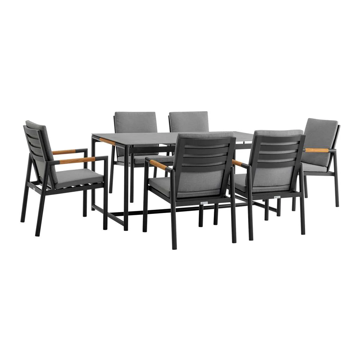 Crown 7 Piece Black Aluminum and Teak Outdoor Dining Set with Dark Gray Fabric By Armen Living - Image 2