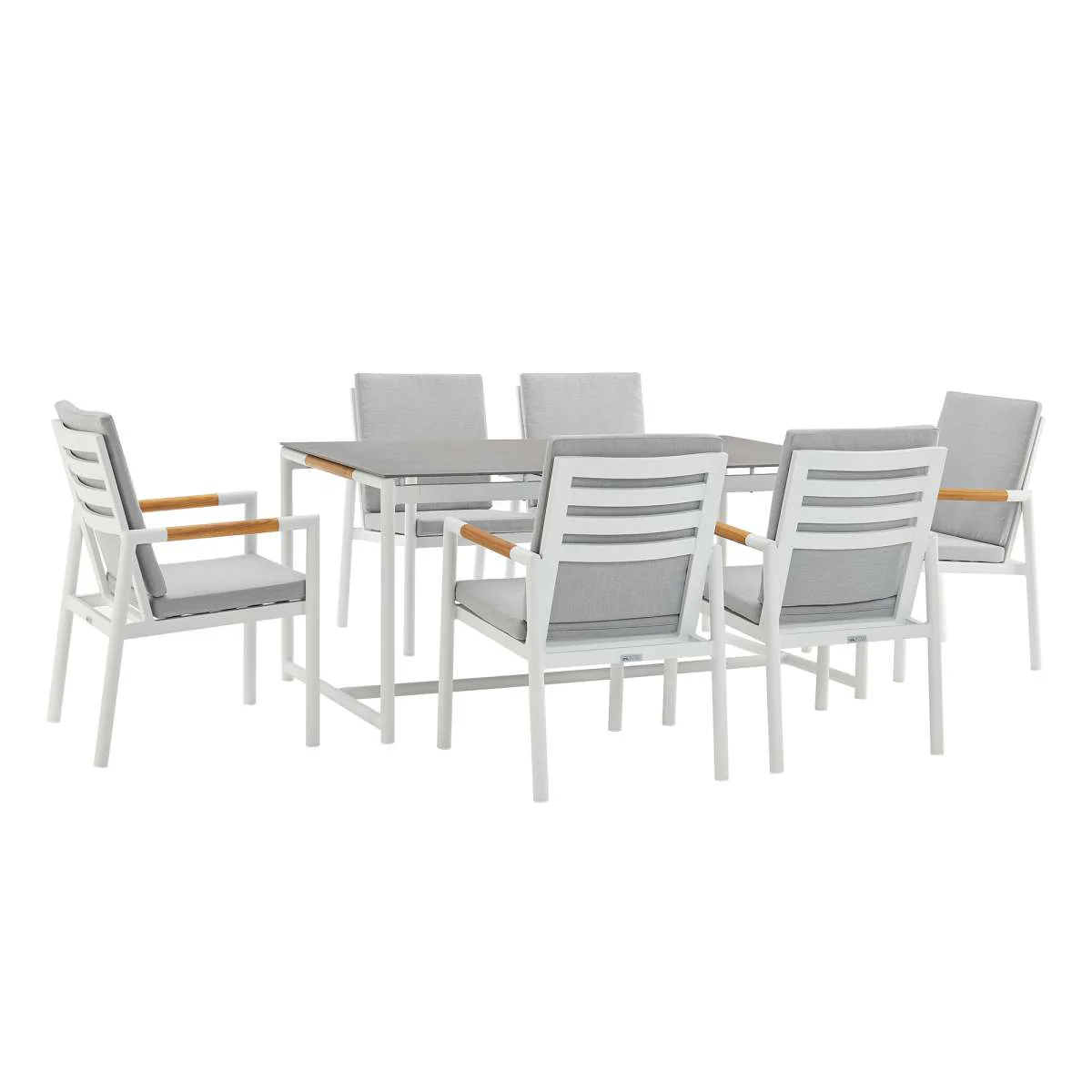 Crown 7 Piece White Aluminum and Teak Outdoor Dining Set with Light Gray Fabric By Armen Living - Image 2