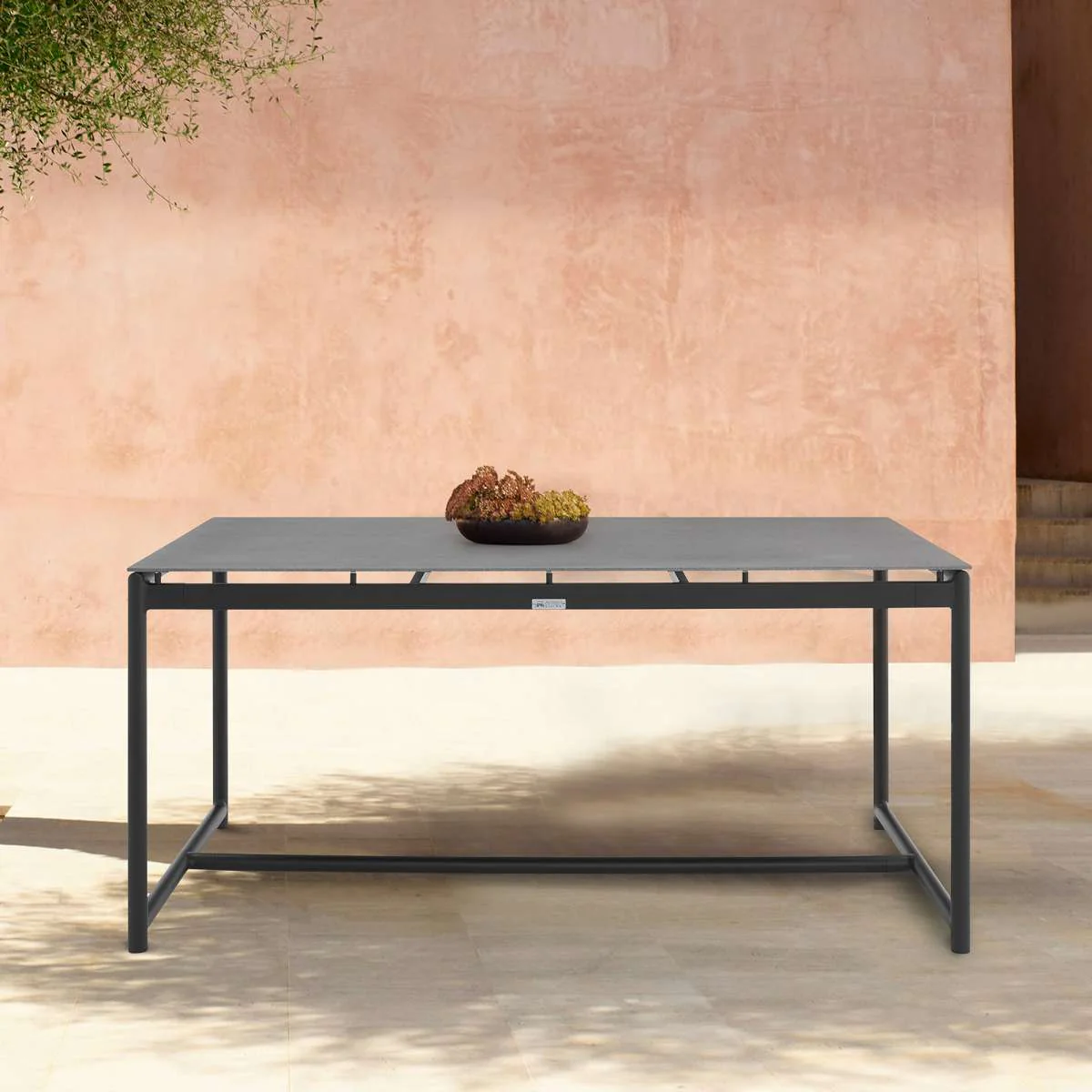 Crown Black Aluminum and Teak Outdoor Dining Table with Stone Top By Armen Living - Image 2