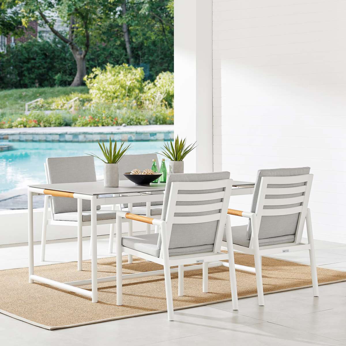 Crown Black Aluminum and Teak Outdoor Dining Table with Stone Top By Armen Living - Image 8
