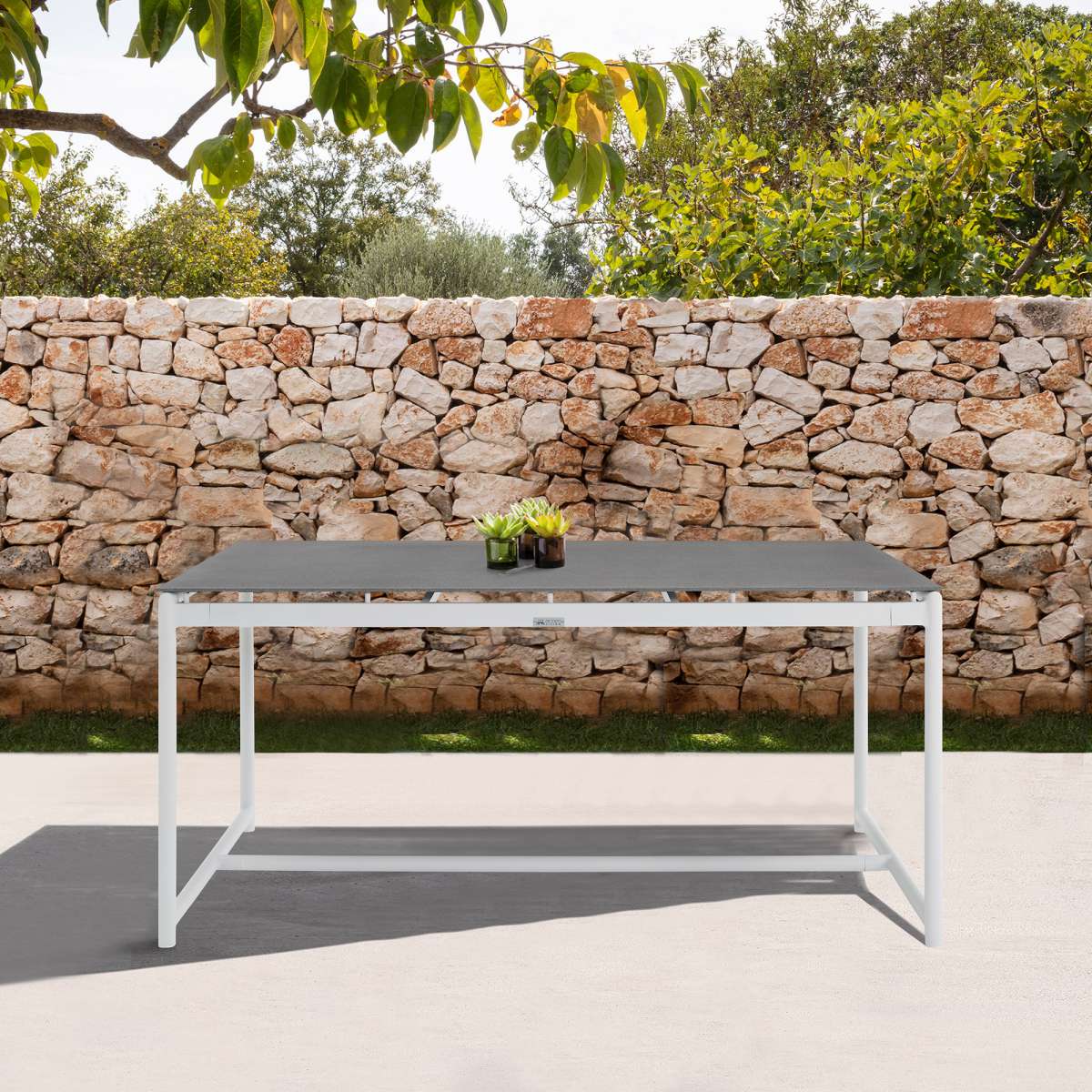 Crown Black Aluminum and Teak Outdoor Dining Table with Stone Top By Armen Living - Image 9