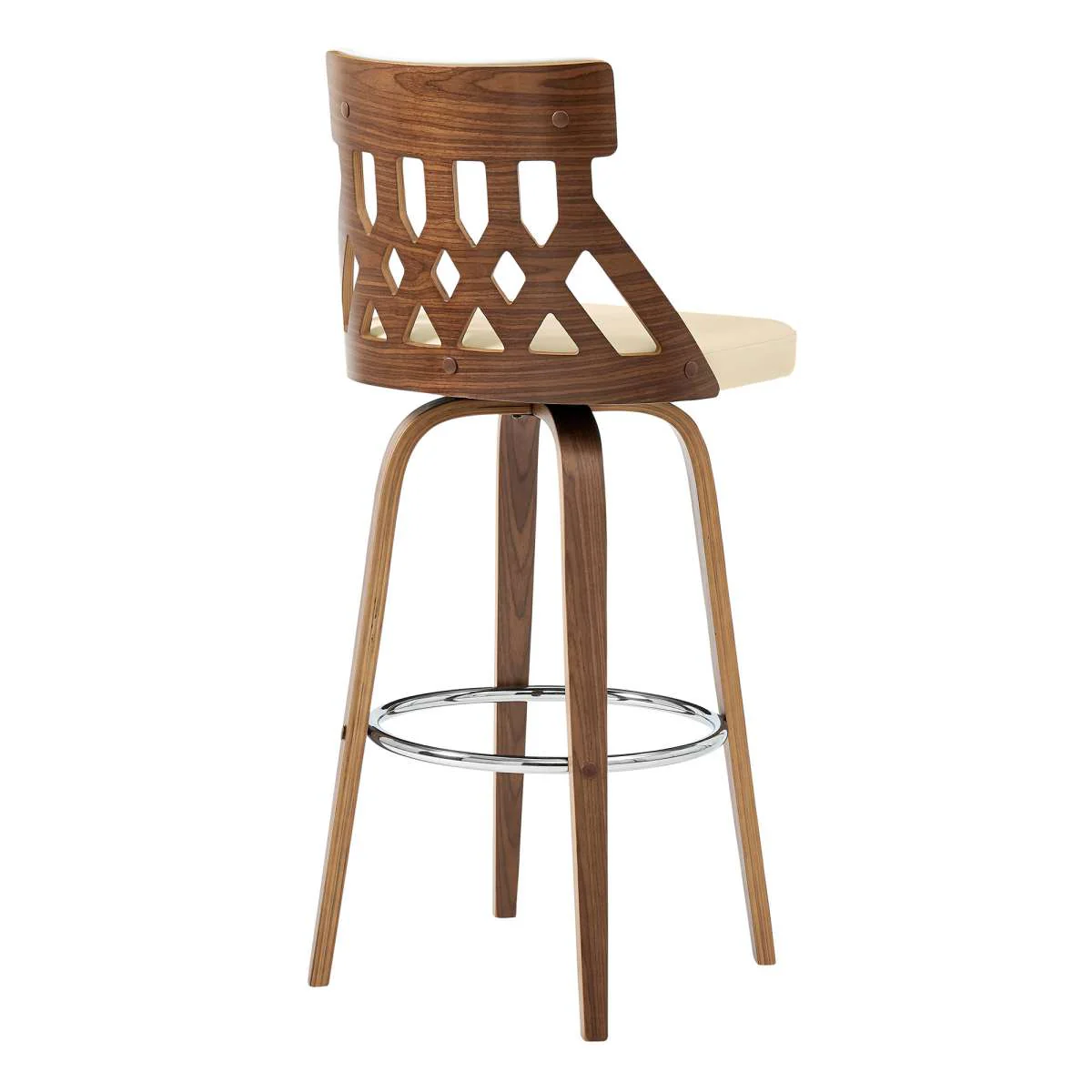 Crux 26" Swivel Bar Stool in Cream Faux Leather and Walnut Wood By Armen Living - Image 4