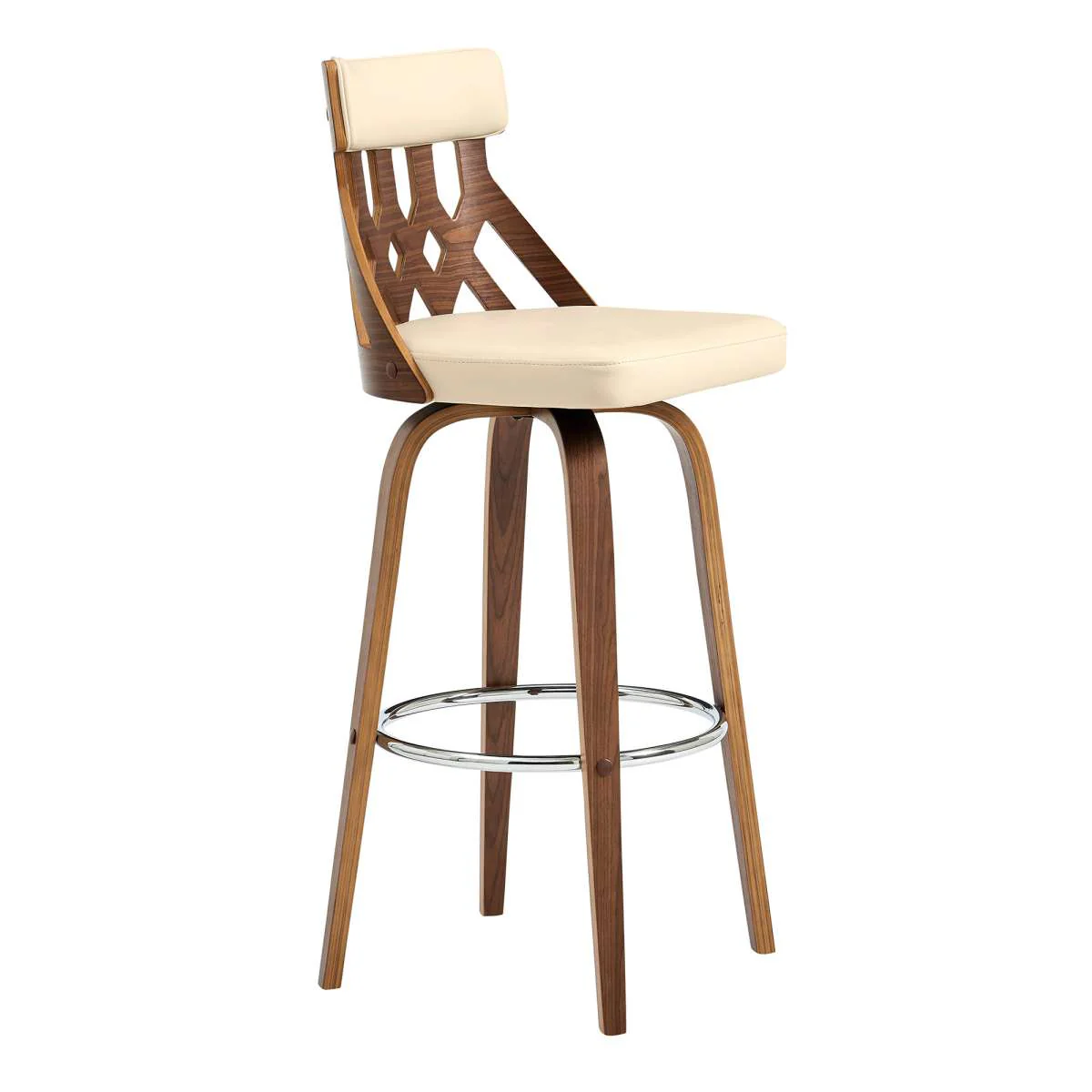 Crux 30" Swivel Bar Stool in Cream Faux Leather and Walnut Wood By Armen Living - Image 2