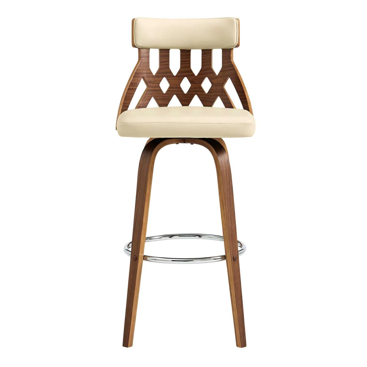 Crux 30" Swivel Bar Stool in Cream Faux Leather and Walnut Wood By Armen Living - Image 3