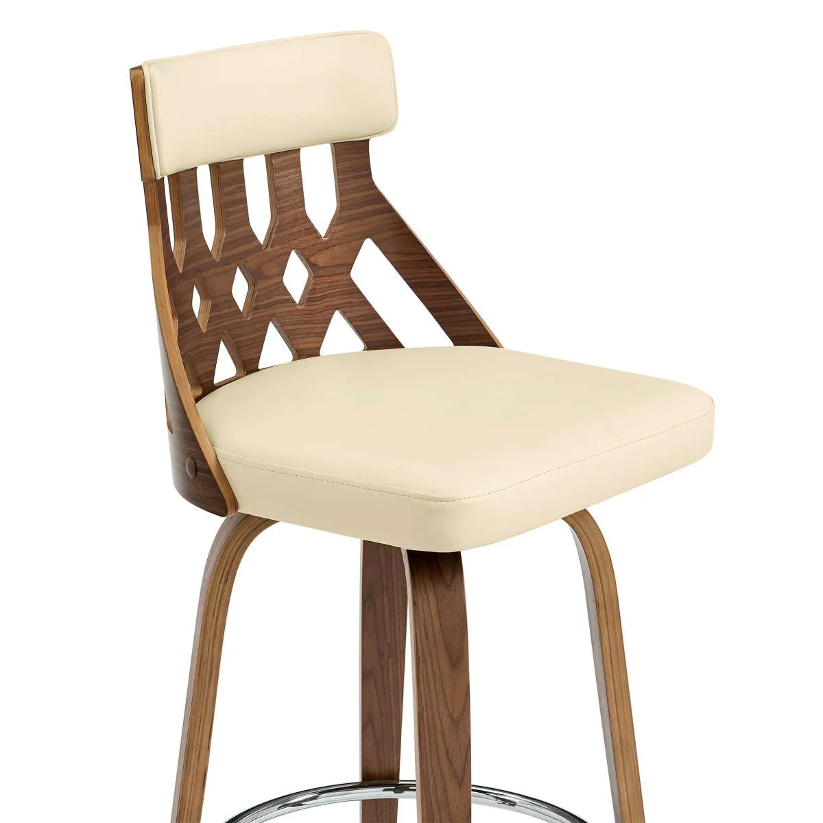 Crux 30" Swivel Bar Stool in Cream Faux Leather and Walnut Wood By Armen Living - Image 6