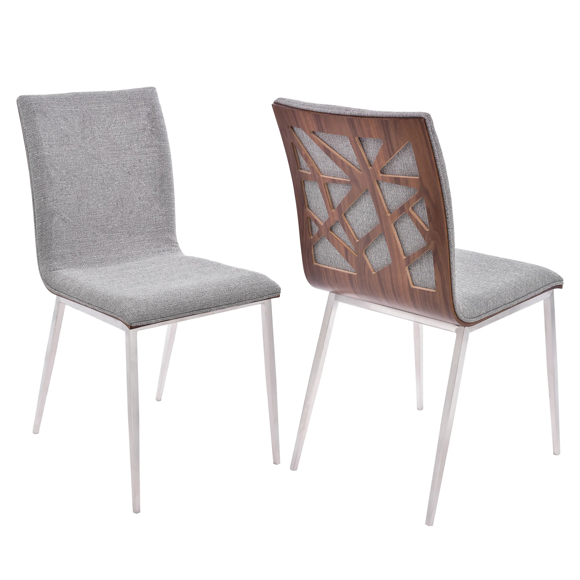 Crystal Dining Chair in Brushed Stainless Steel finish with Gray Fabric and Walnut Back - Set of 2 By Armen Living - Image 2
