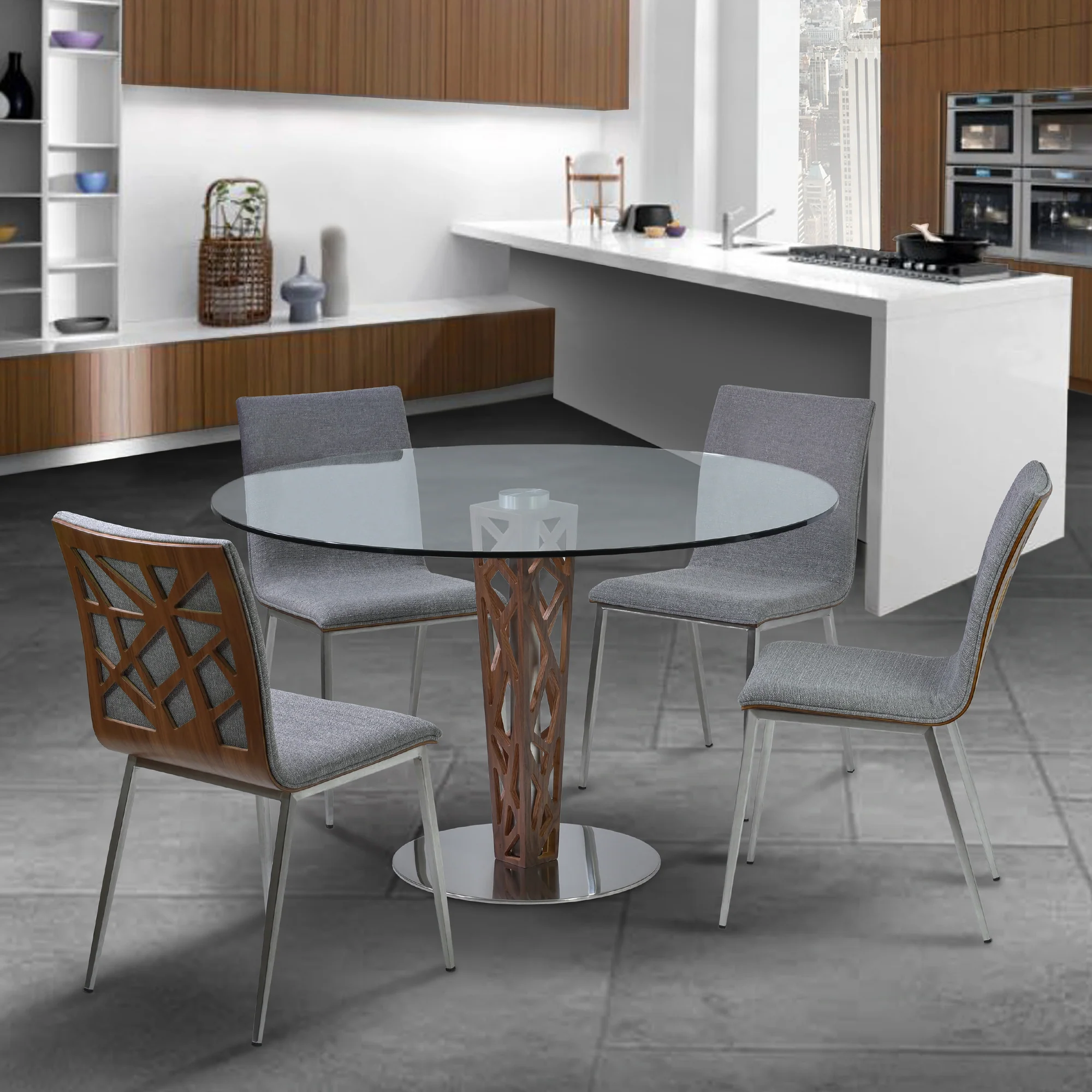 Crystal Dining Chair in Brushed Stainless Steel finish with Gray Fabric and Walnut Back - Set of 2 By Armen Living - Image 3