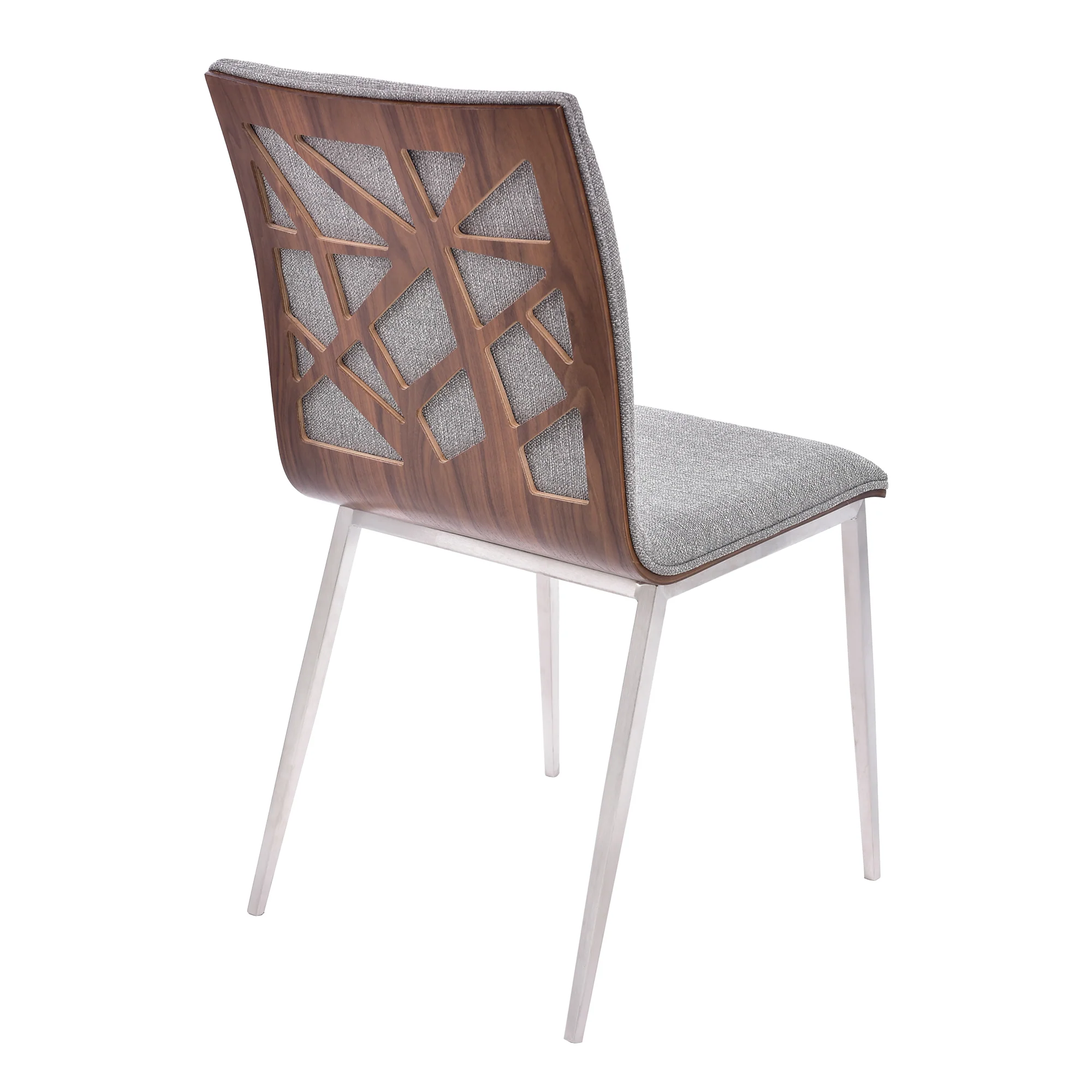Crystal Dining Chair in Brushed Stainless Steel finish with Gray Fabric and Walnut Back - Set of 2 By Armen Living - Image 4