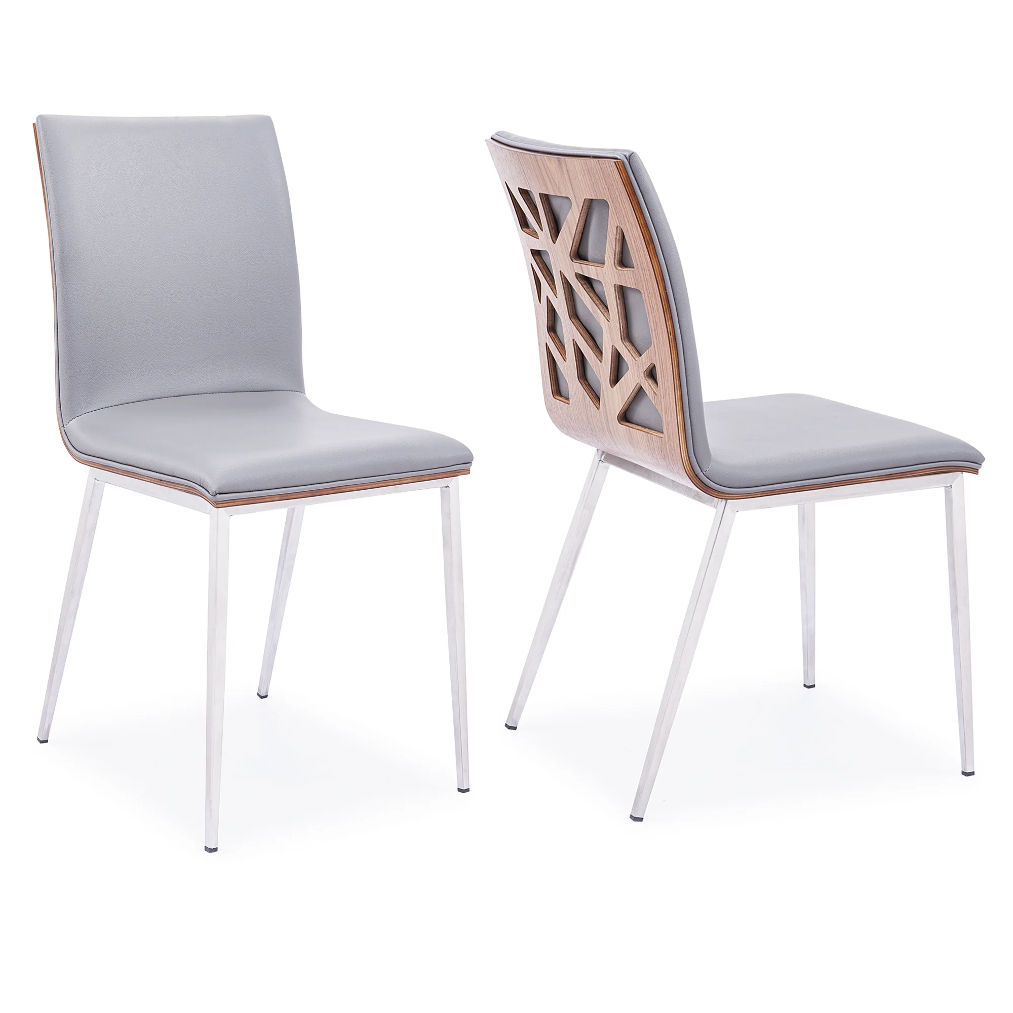 Crystal Dining Chair in Brushed Stainless Steel finish with Gray Faux Leather and Walnut Back - Set of 2 By Armen Living - Image 2