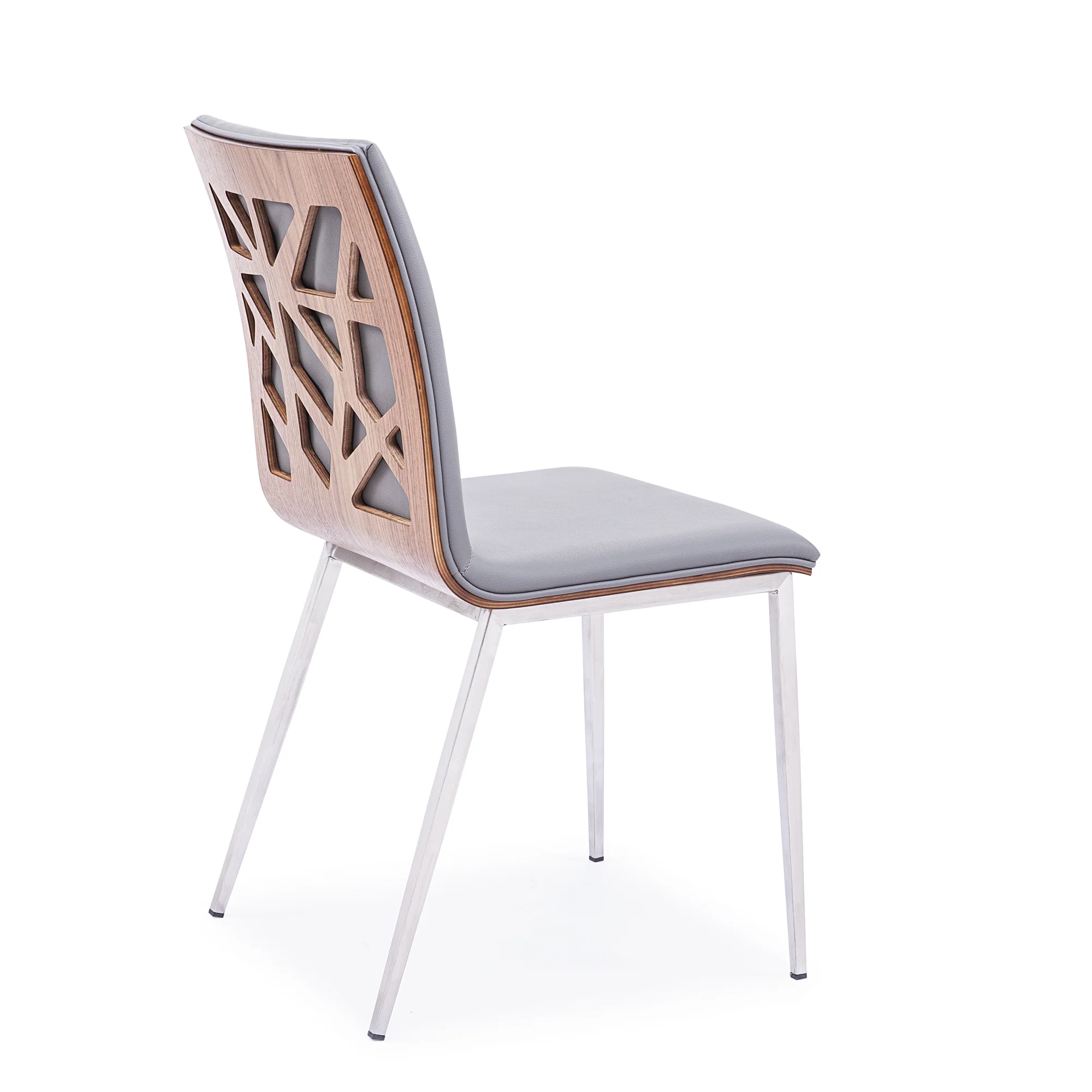 Crystal Dining Chair in Brushed Stainless Steel finish with Gray Faux Leather and Walnut Back - Set of 2 By Armen Living - Image 3