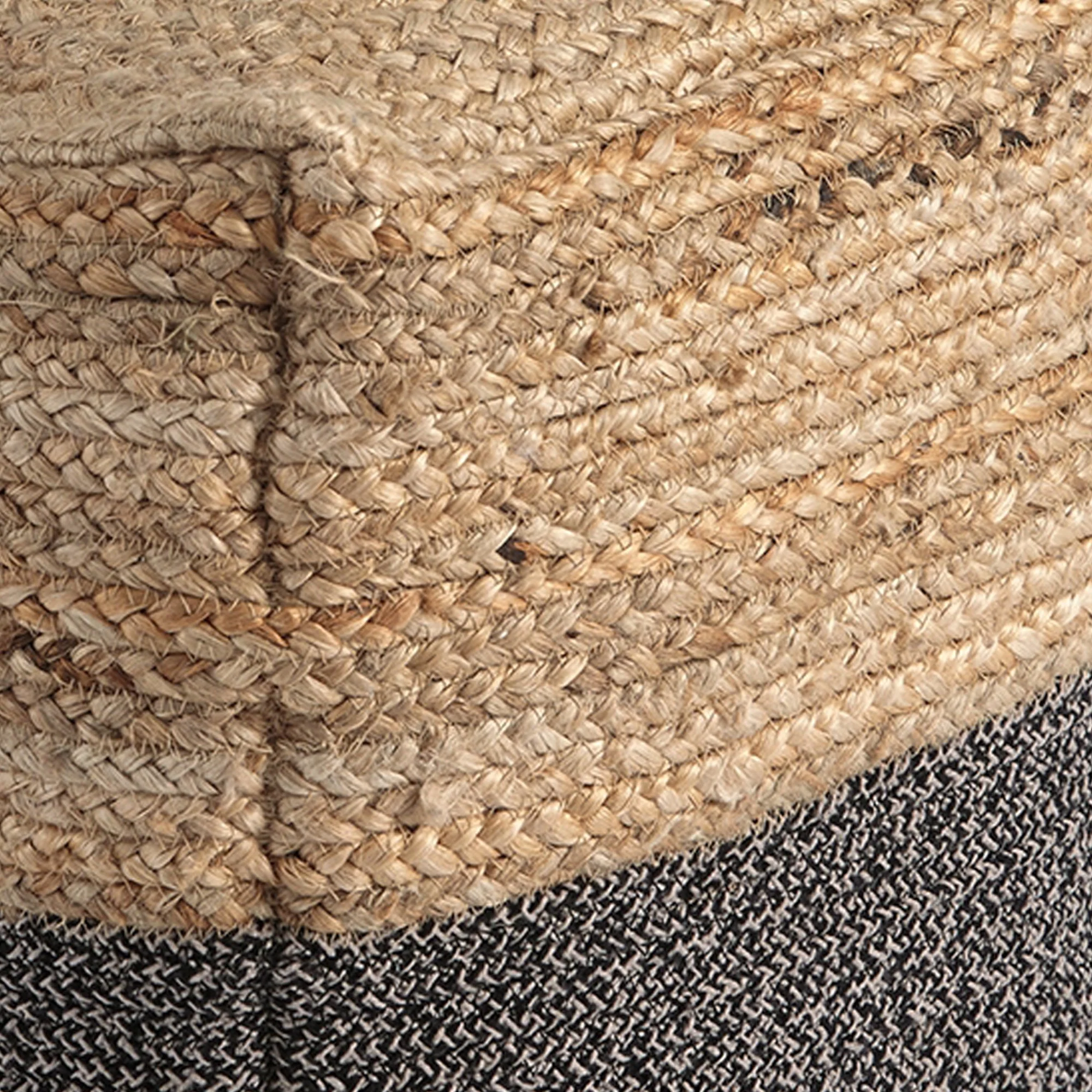Cube Shape Jute Pouf With Braided Design Black And Brown By Benzara - Image 2