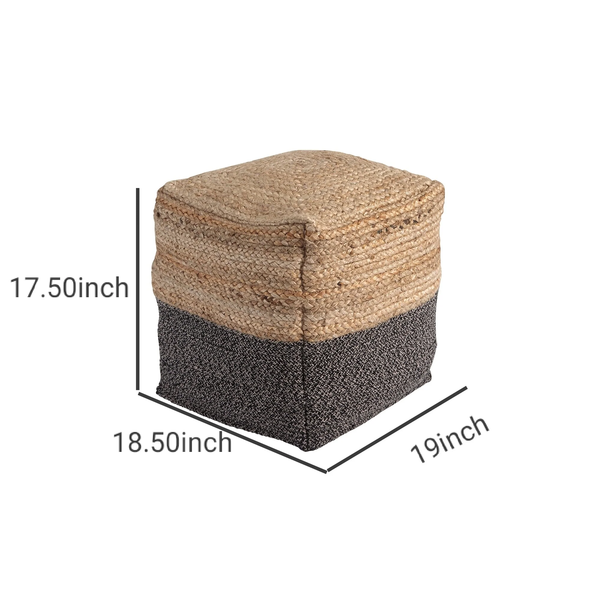 Cube Shape Jute Pouf With Braided Design Black And Brown By Benzara - Image 3