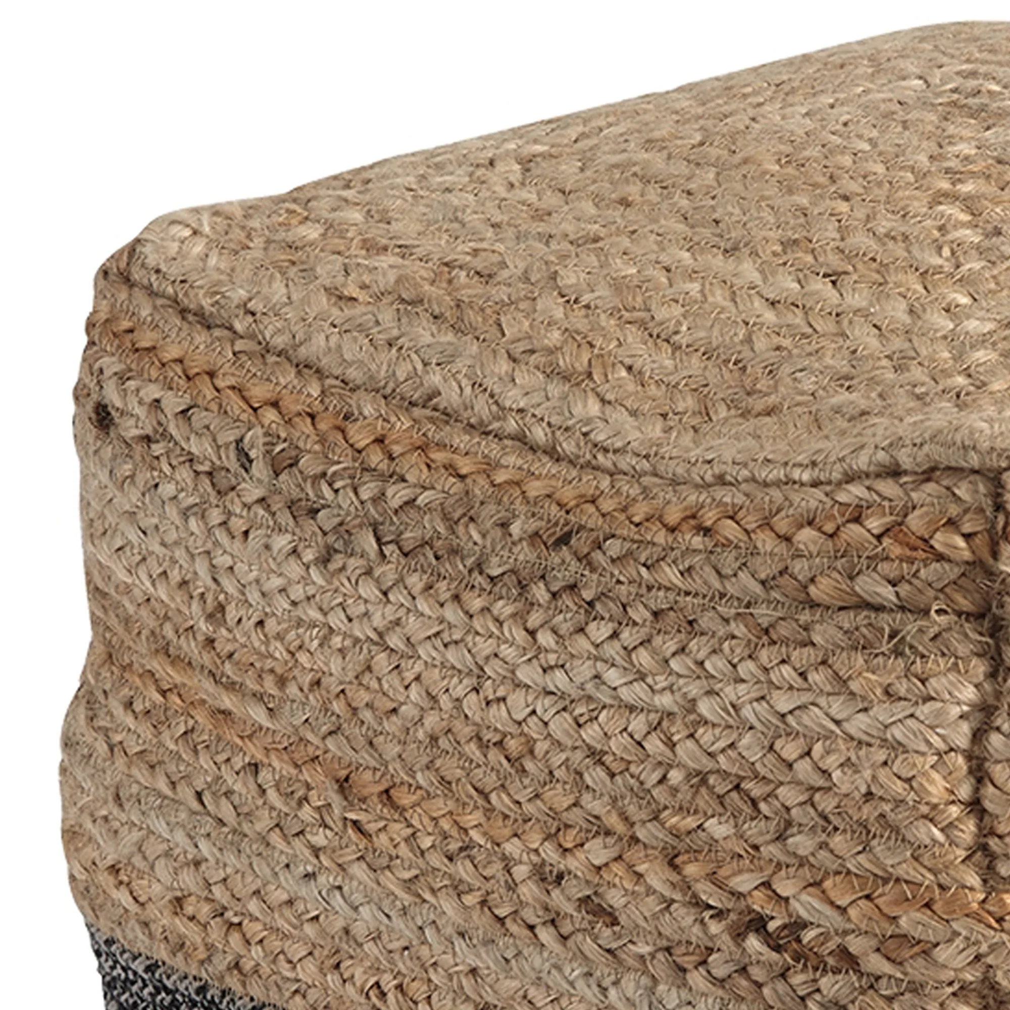Cube Shape Jute Pouf With Braided Design Black And Brown By Benzara - Image 4