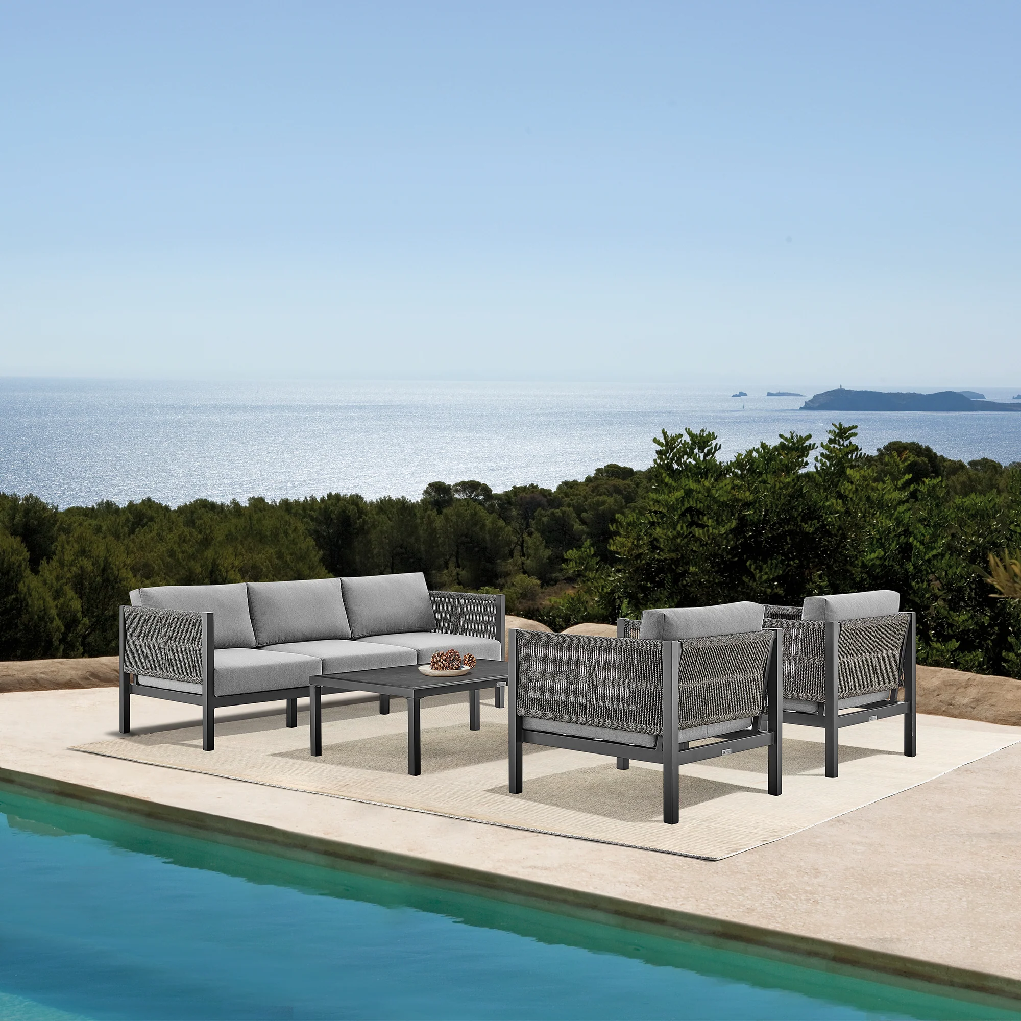 Cuffay 4 Piece Outdoor Patio Furniture Set in Brown Aluminum and Rope with Cushions By Armen Living - Image 11