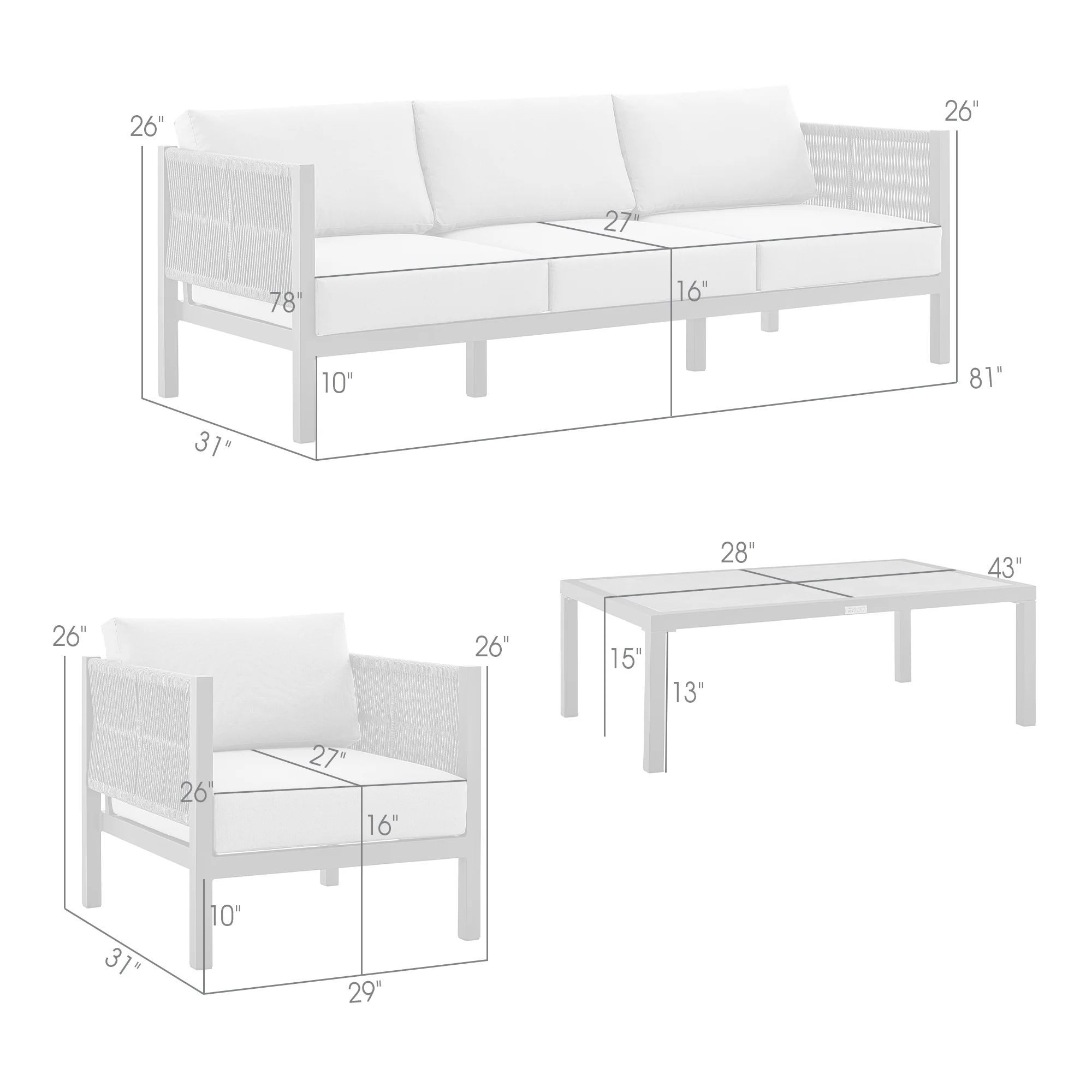 Cuffay 4 Piece Outdoor Patio Furniture Set in Brown Aluminum and Rope with Cushions By Armen Living - Image 9