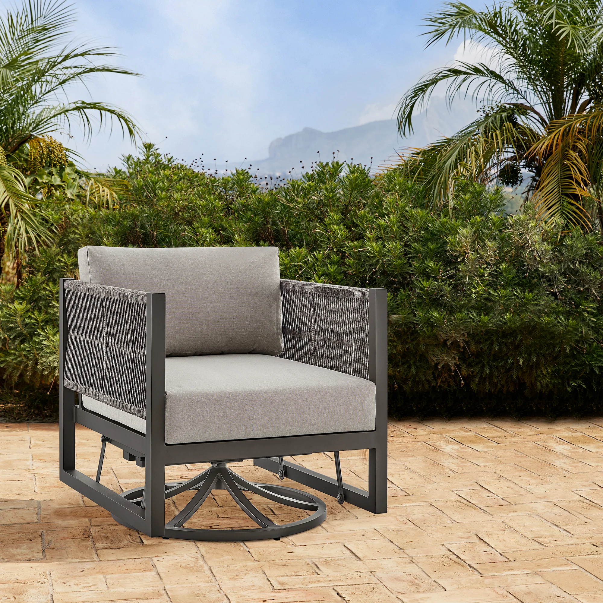 Cuffay Outdoor Patio Swivel Glider Lounge Chair in Black Aluminum with Grey Cushions By Armen Living - Image 11