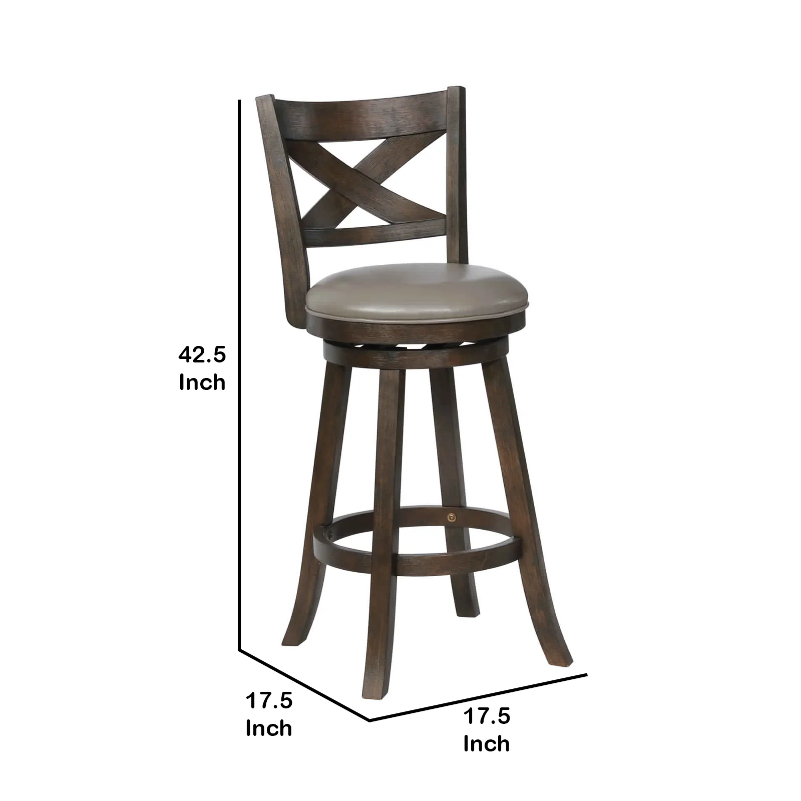 Curved Back Swivel Bar Stool with Leatherette Seat,Set of 2, Gray and Brown By Benzara - Image 5