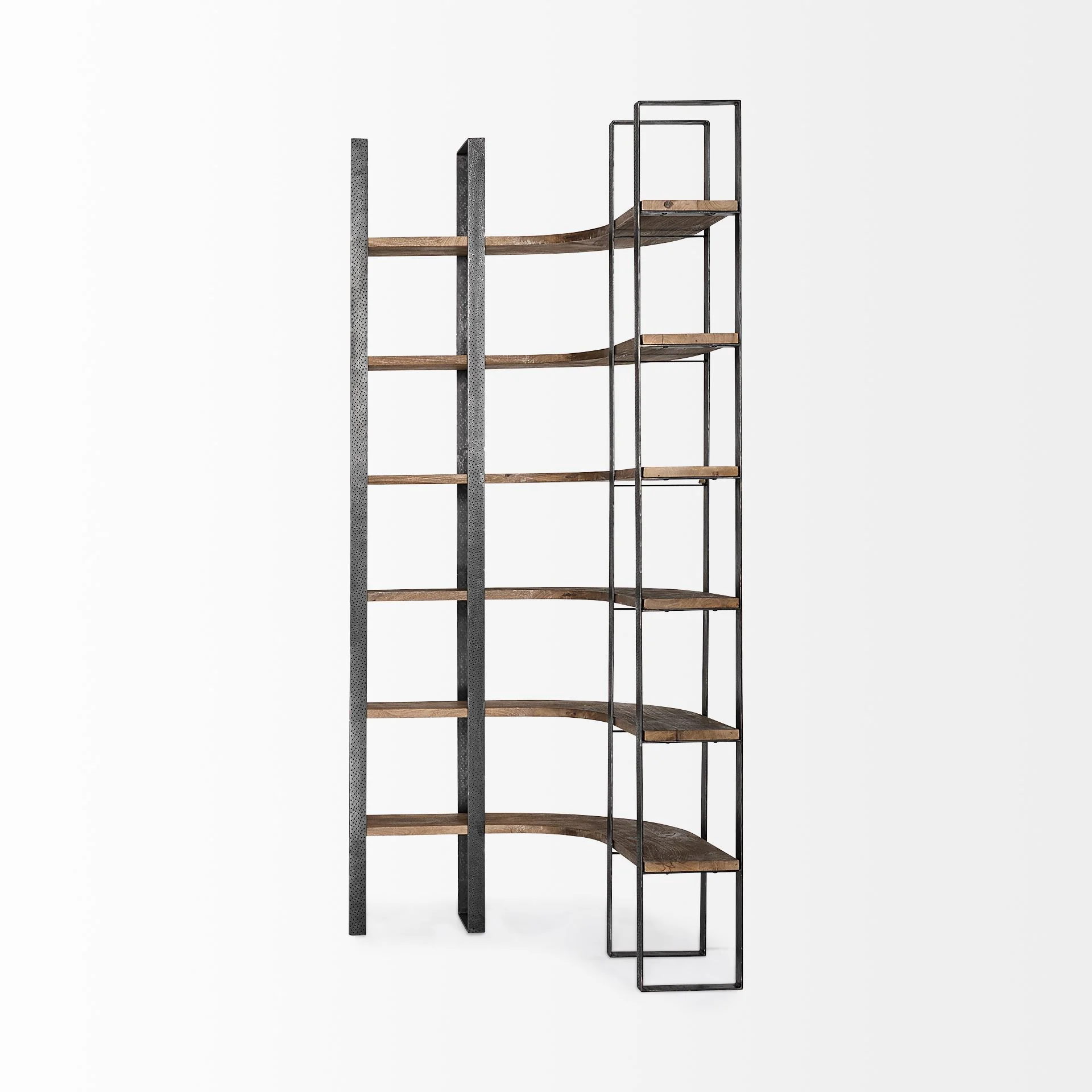 Curved Dark Brown Wood And Black Iron 6 Shelving Unit By Homeroots - Image 3