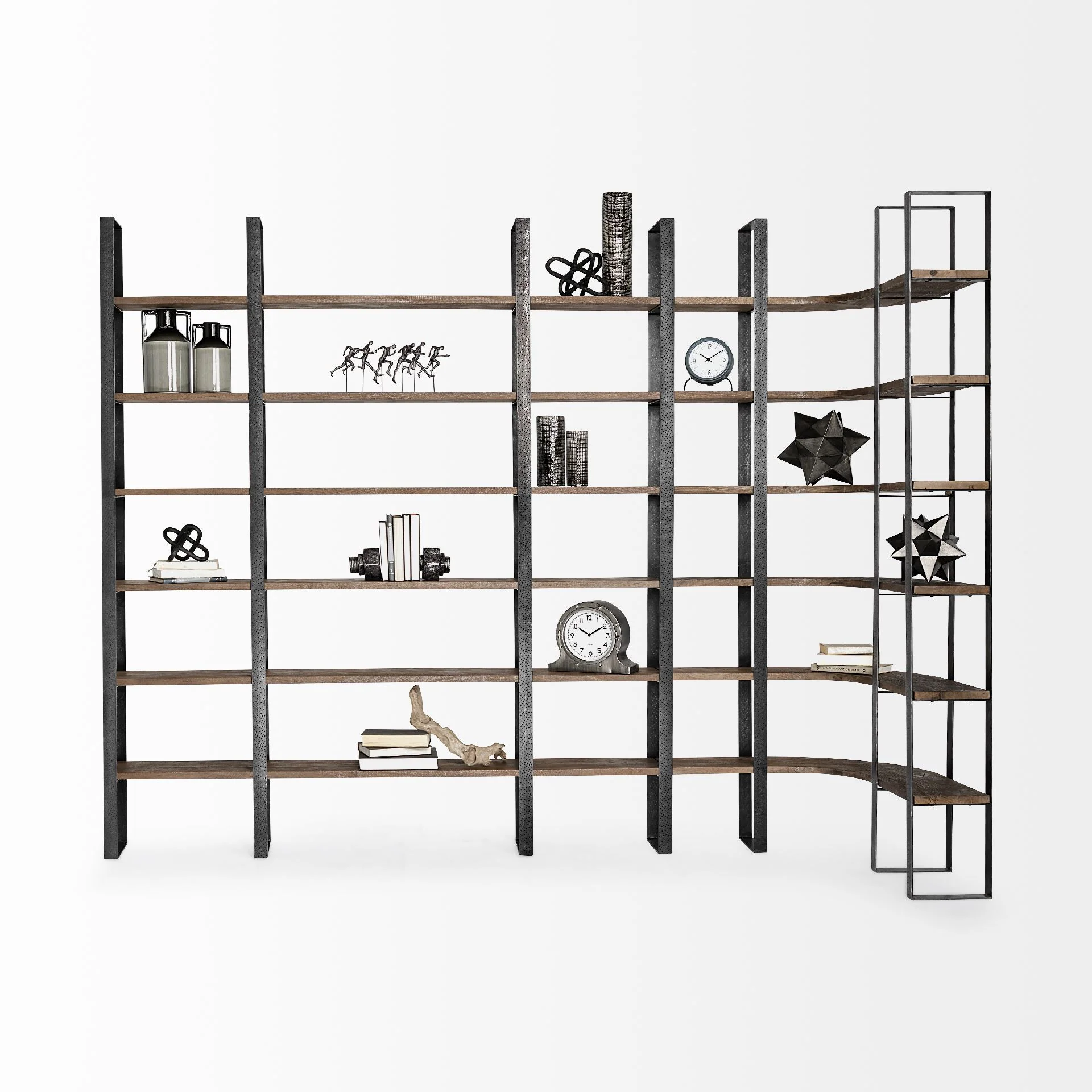 Curved Dark Brown Wood And Black Iron 6 Shelving Unit By Homeroots - Image 7