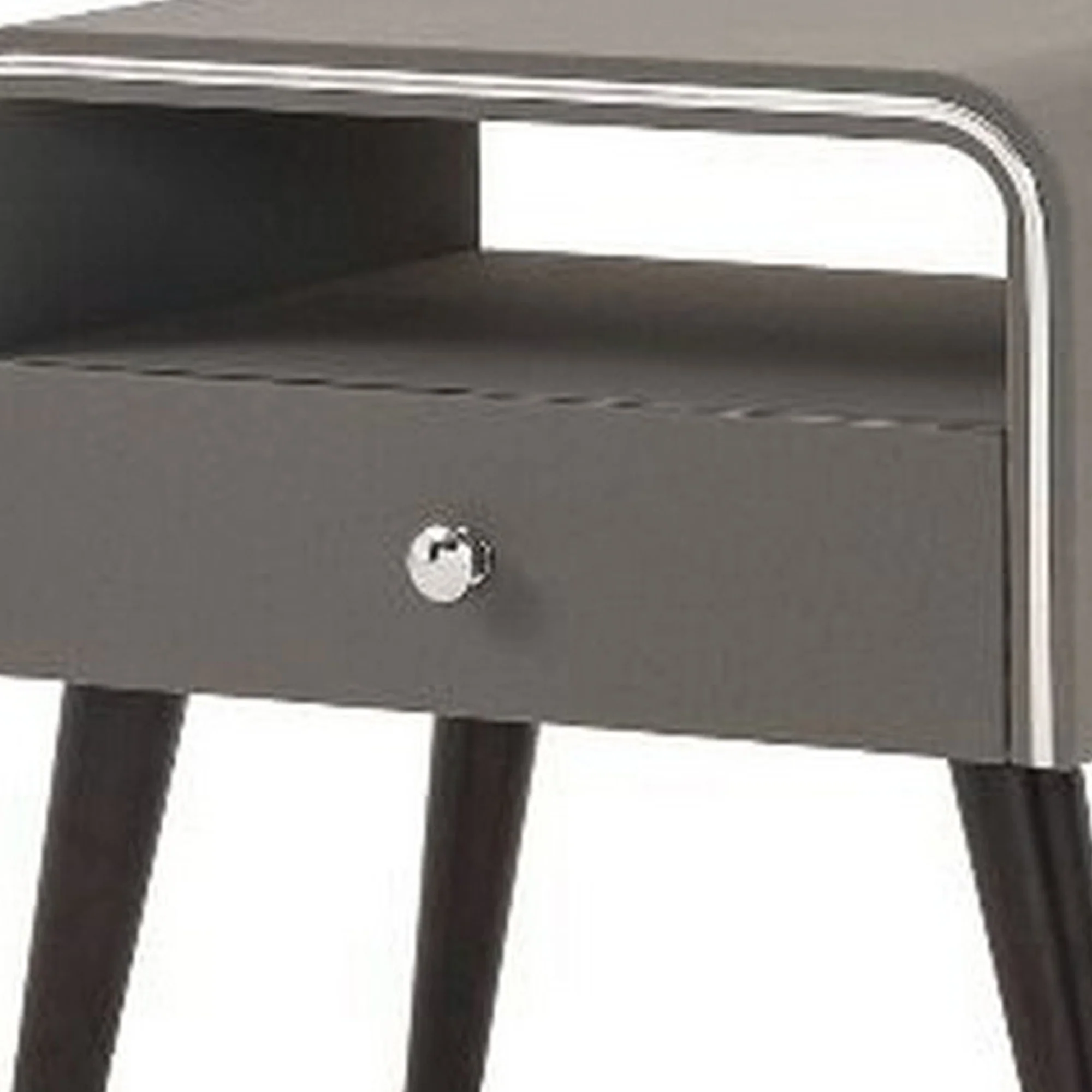 Curved Edge 1 Drawer Nightstand With Chrome Trim Gray And Brown By Benzara - Image 3