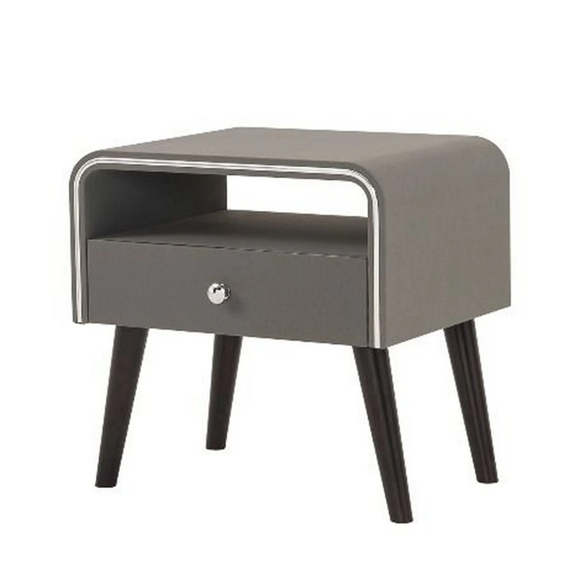 Curved Edge 1 Drawer Nightstand With Chrome Trim Gray And Brown By Benzara - Image 5