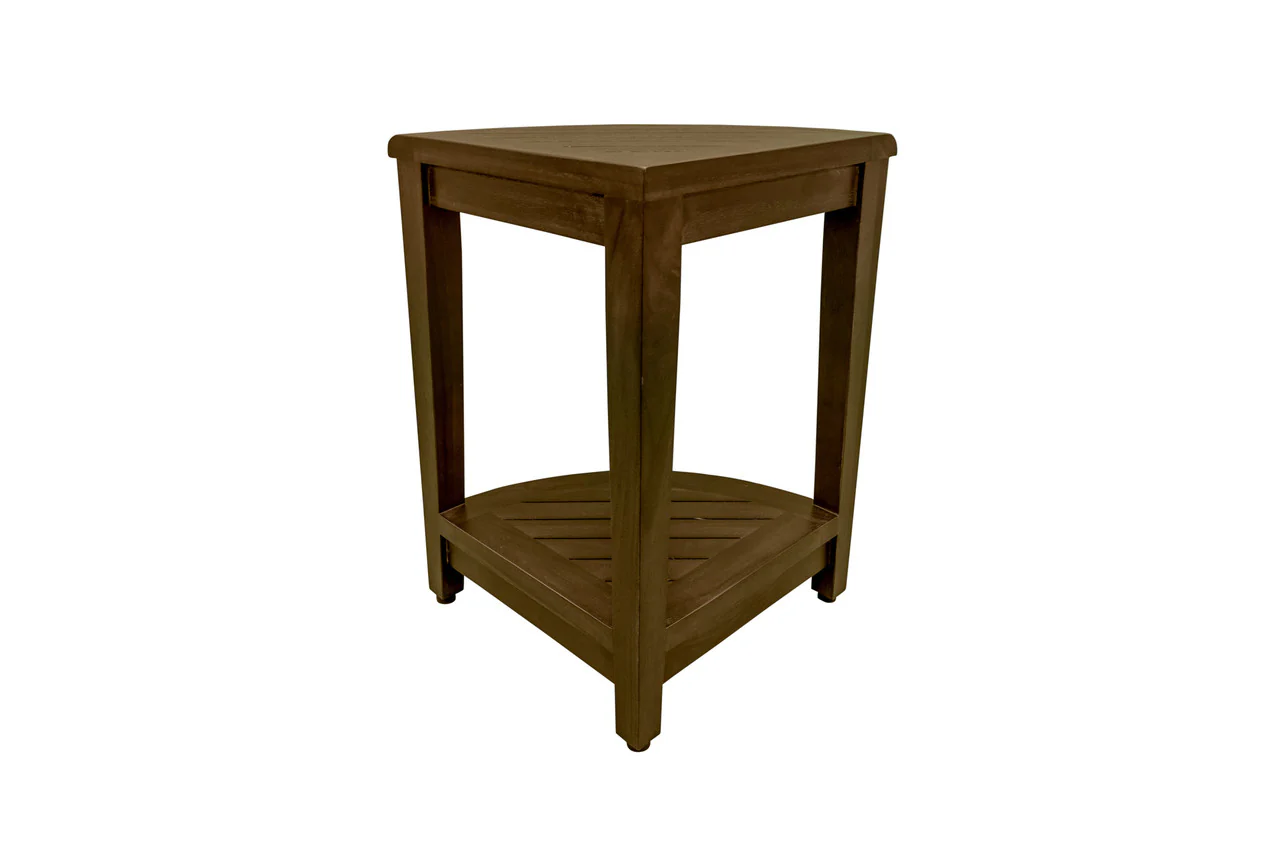 Curvilinear Dark Brown Teak 18" Corner Shower Bench With Shelf By Homeroots - 383307 - Image 2