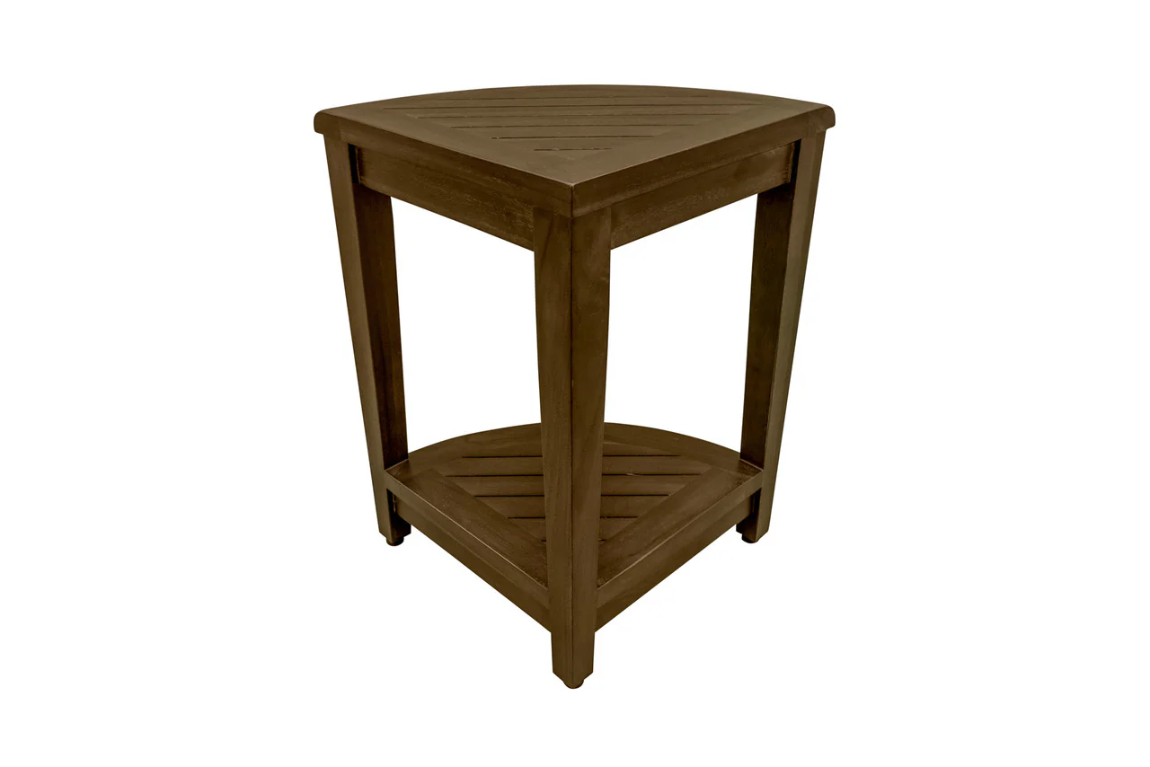 Curvilinear Dark Brown Teak 18" Corner Shower Bench With Shelf By Homeroots - 383307 - Image 3