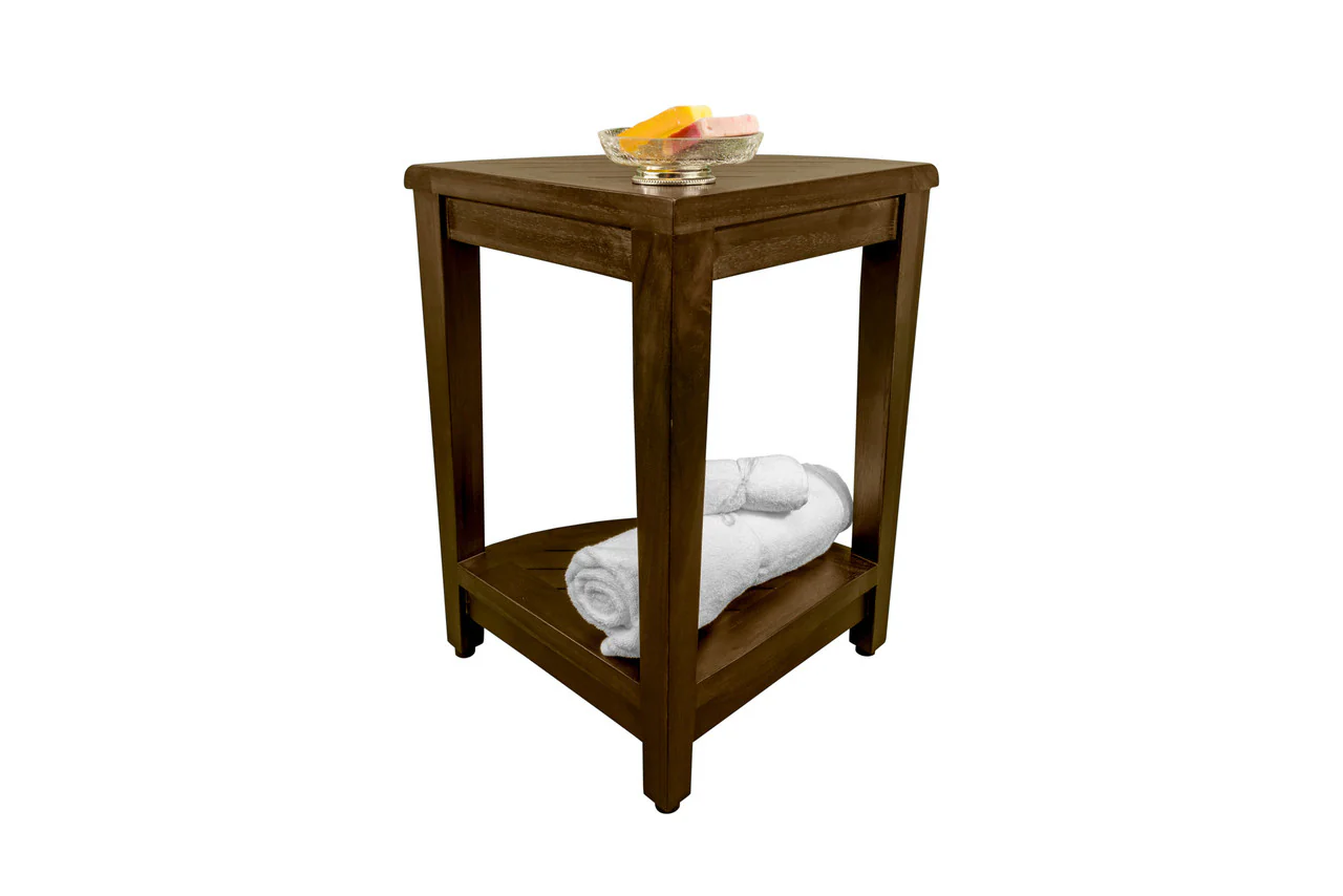 Curvilinear Dark Brown Teak 18" Corner Shower Bench With Shelf By Homeroots - 383307 - Image 5