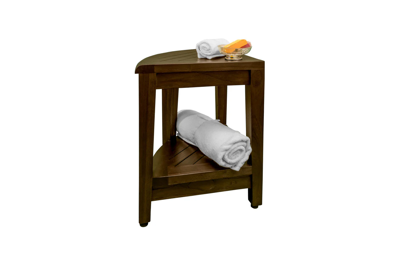 Curvilinear Dark Brown Teak 18" Corner Shower Bench With Shelf By Homeroots - 383308 - Image 2
