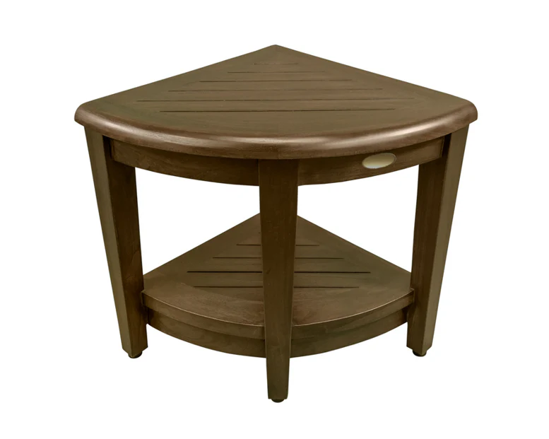Curvilinear Dark Brown Teak 18" Corner Shower Bench With Shelf By Homeroots - 383308 - Image 3