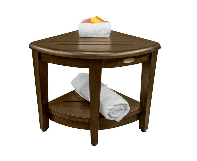 Curvilinear Dark Brown Teak 18" Corner Shower Bench With Shelf By Homeroots - 383308 - Image 4