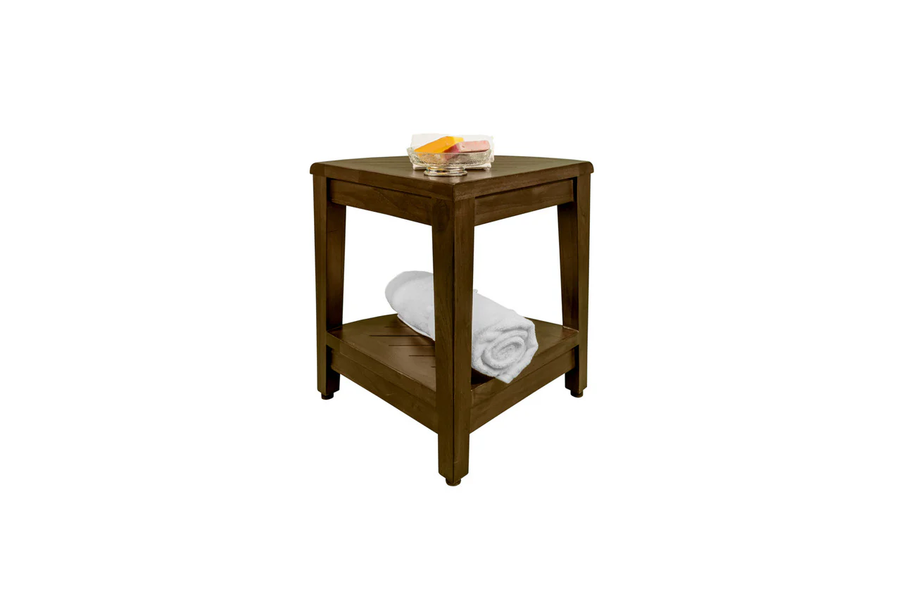Curvilinear Dark Brown Teak 18" Corner Shower Bench With Shelf By Homeroots - 383308 - Image 8