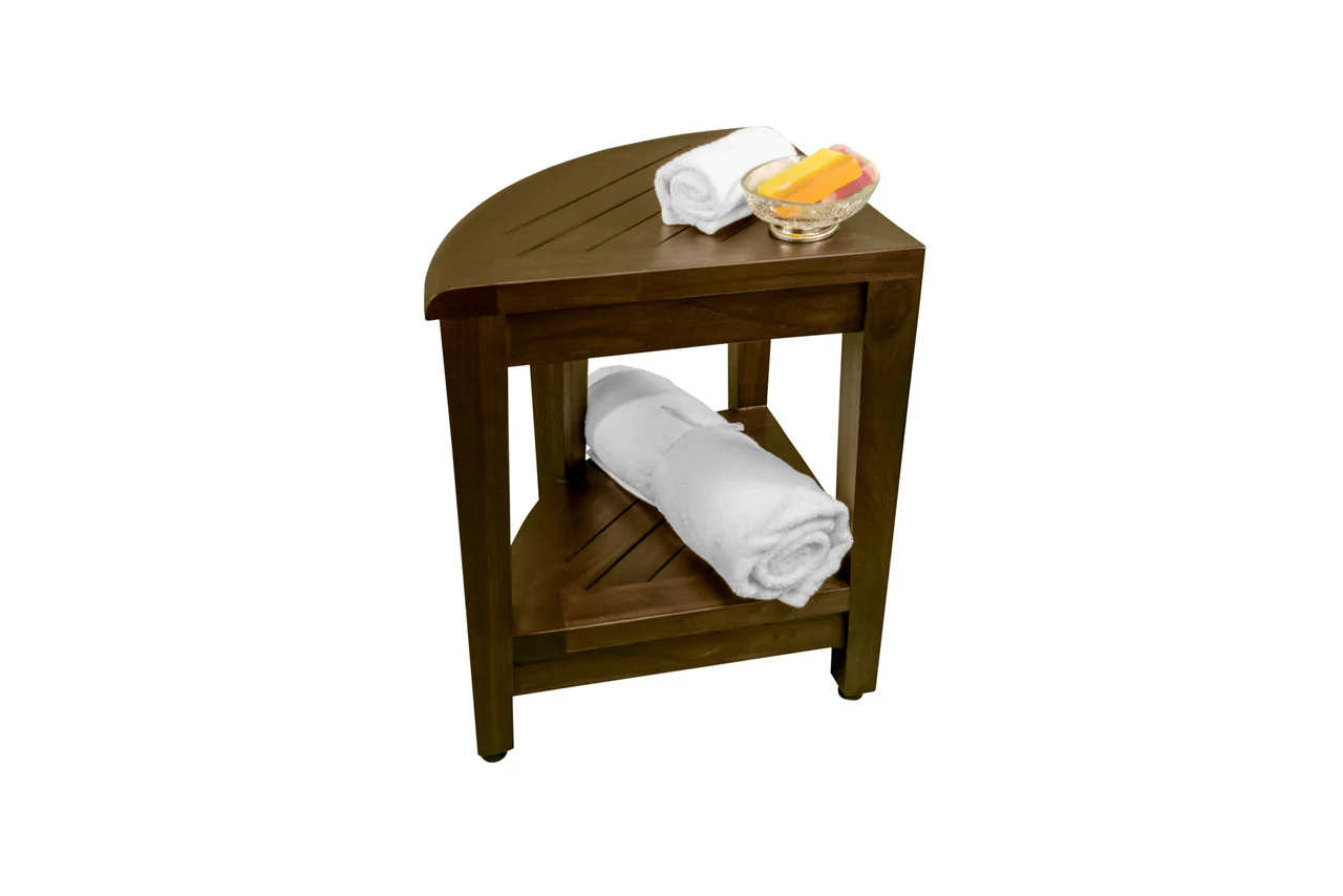 Curvilinear Dark Brown Teak 18" Corner Shower Bench With Shelf By Homeroots - 383308 - Image 9