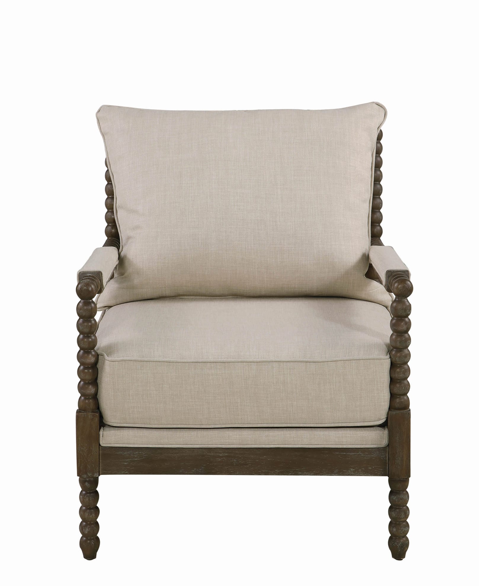 Cushioned Back Fabric Upholstered Spindle Accent Chair, Beige And Brown By Benzara - Image 2