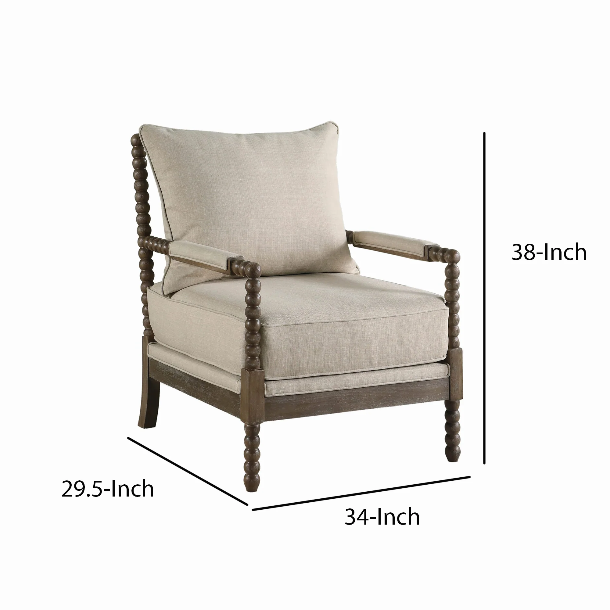 Cushioned Back Fabric Upholstered Spindle Accent Chair, Beige And Brown By Benzara - Image 5