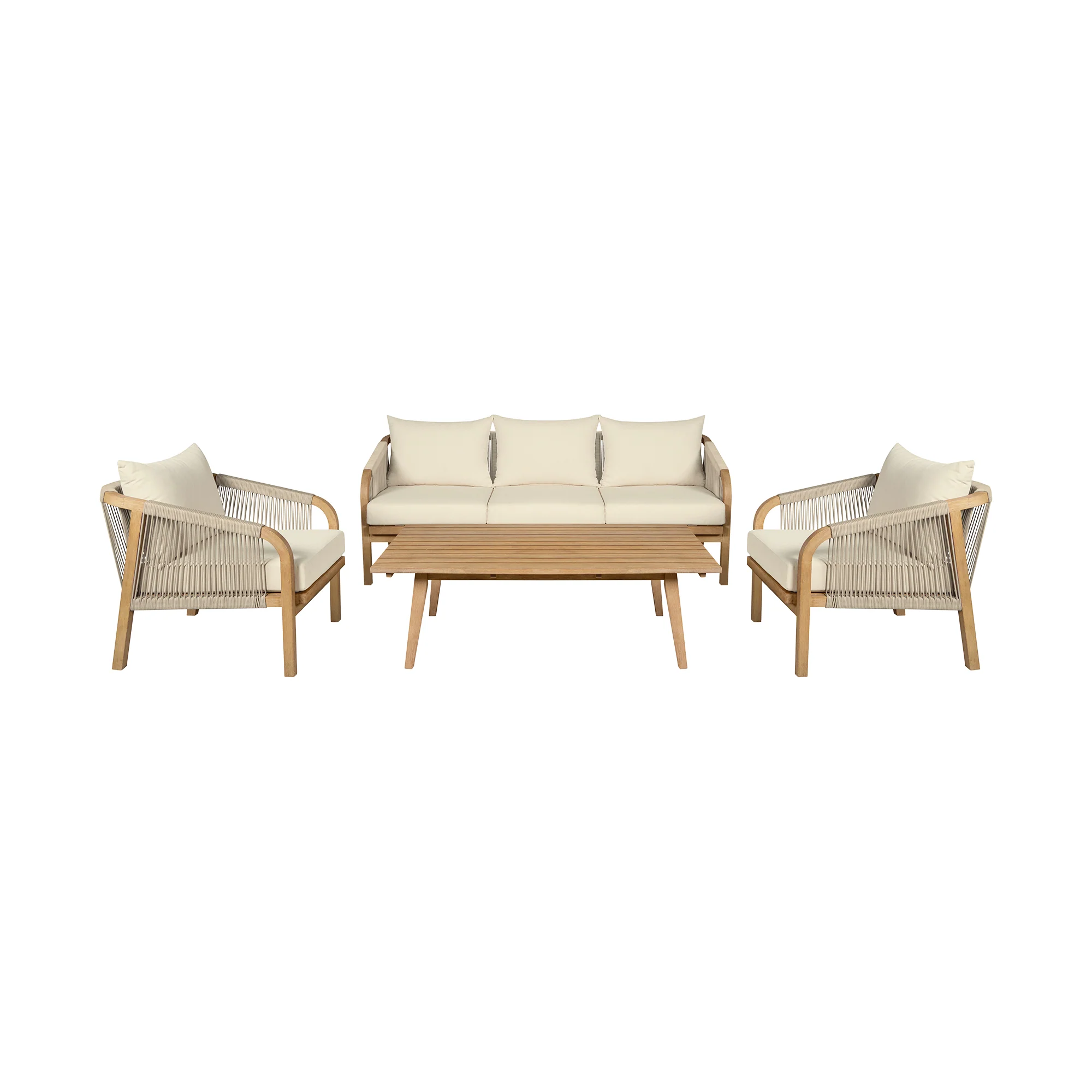 Cypress Outdoor Patio 4 Piece Conversation Set in Blonde Eucalyptus Wood and Light Gray Rope with Ivory Olefin Cushions By Armen Living - Image 2